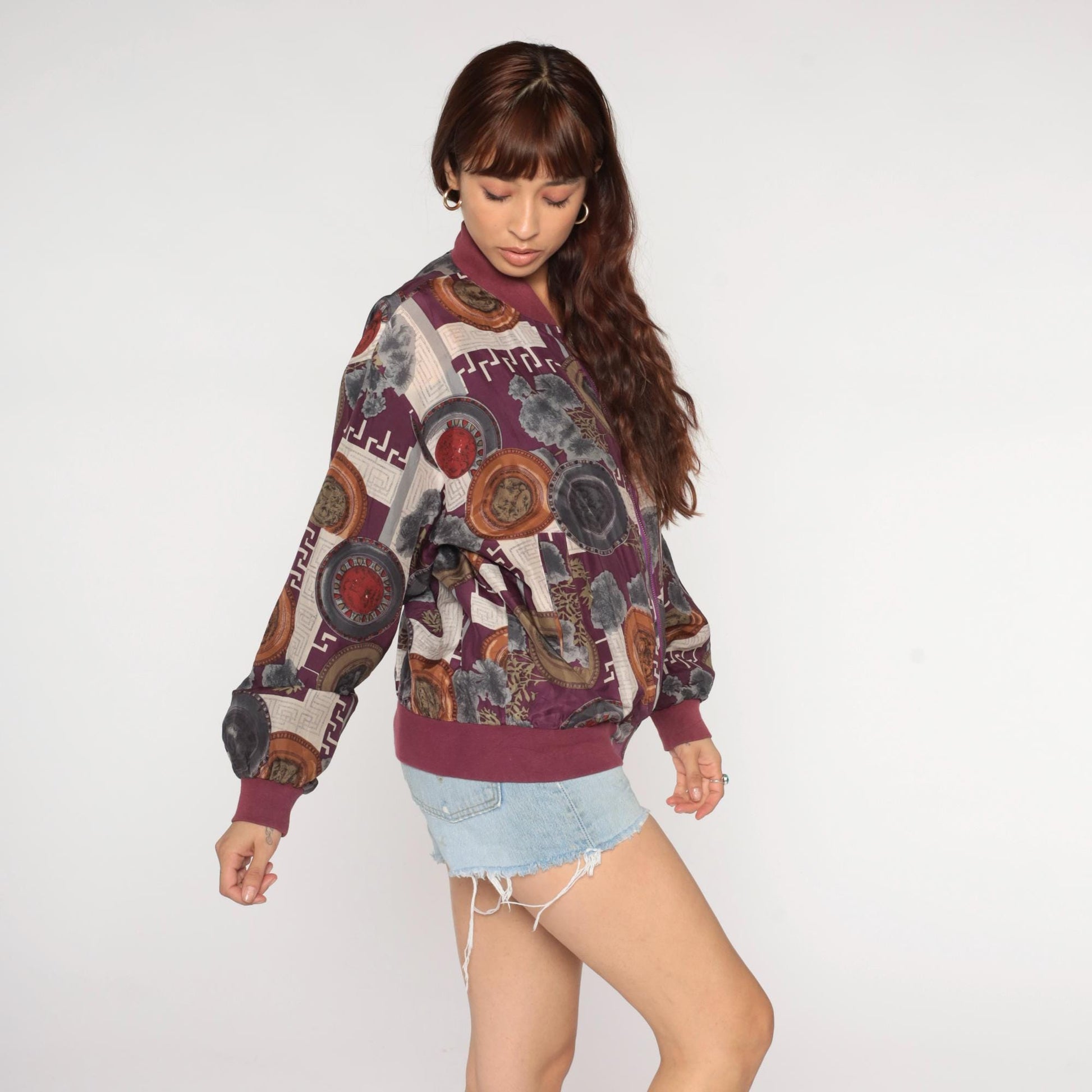 90s Cocoon Silk Windbreaker Jacket Abstract Geometric Print Burgundy Small S