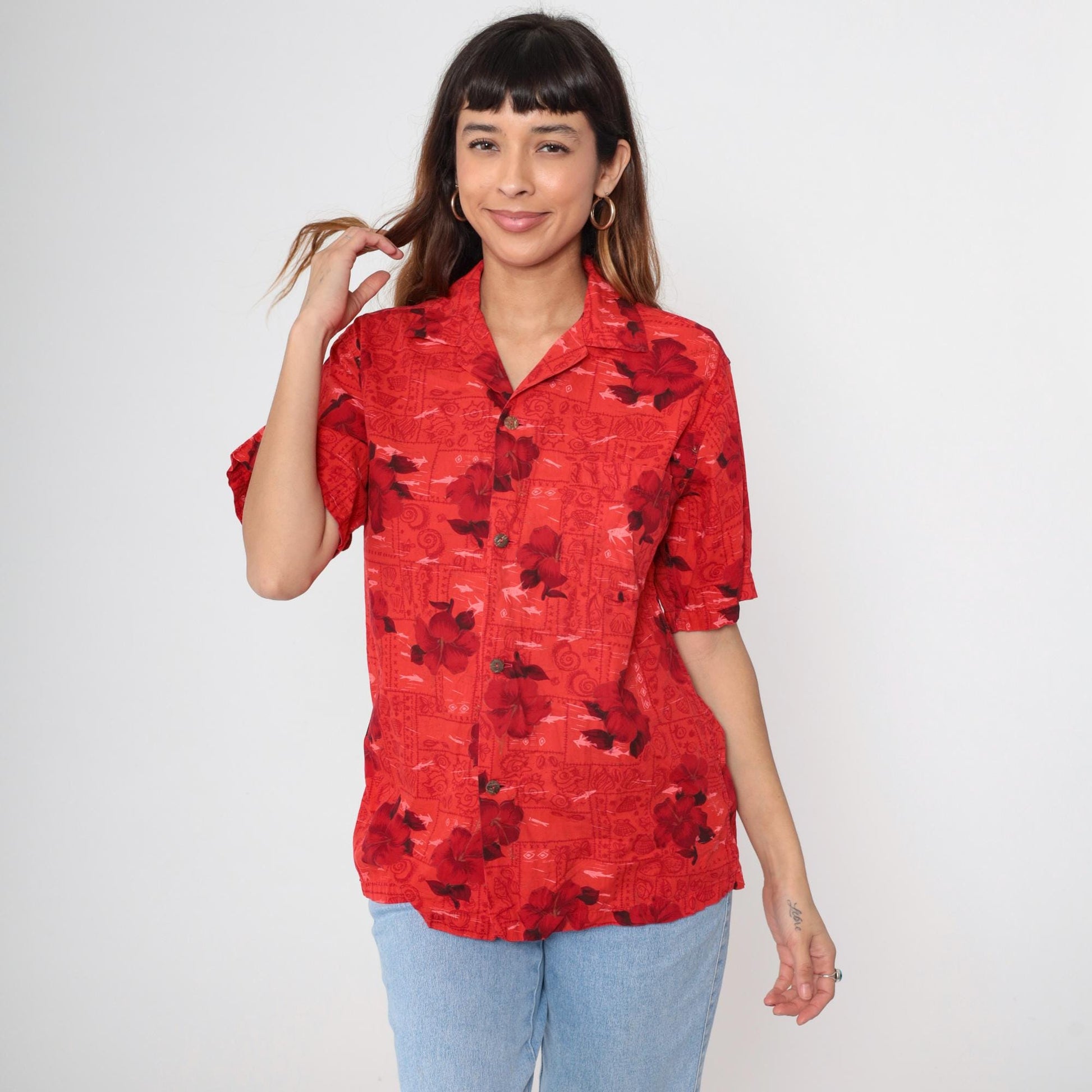 70s Hawaiian Shirt Red Floral Hibiscus Fish Print Cotton Button Up Medium
