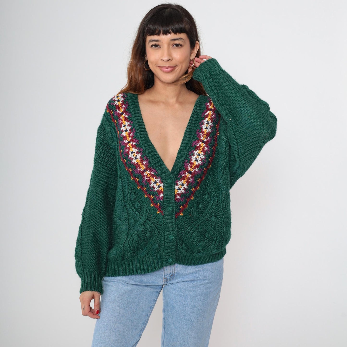 90s Contrasts Cable Knit Cardigan Forest Green Fair Isle V-Neck Medium M