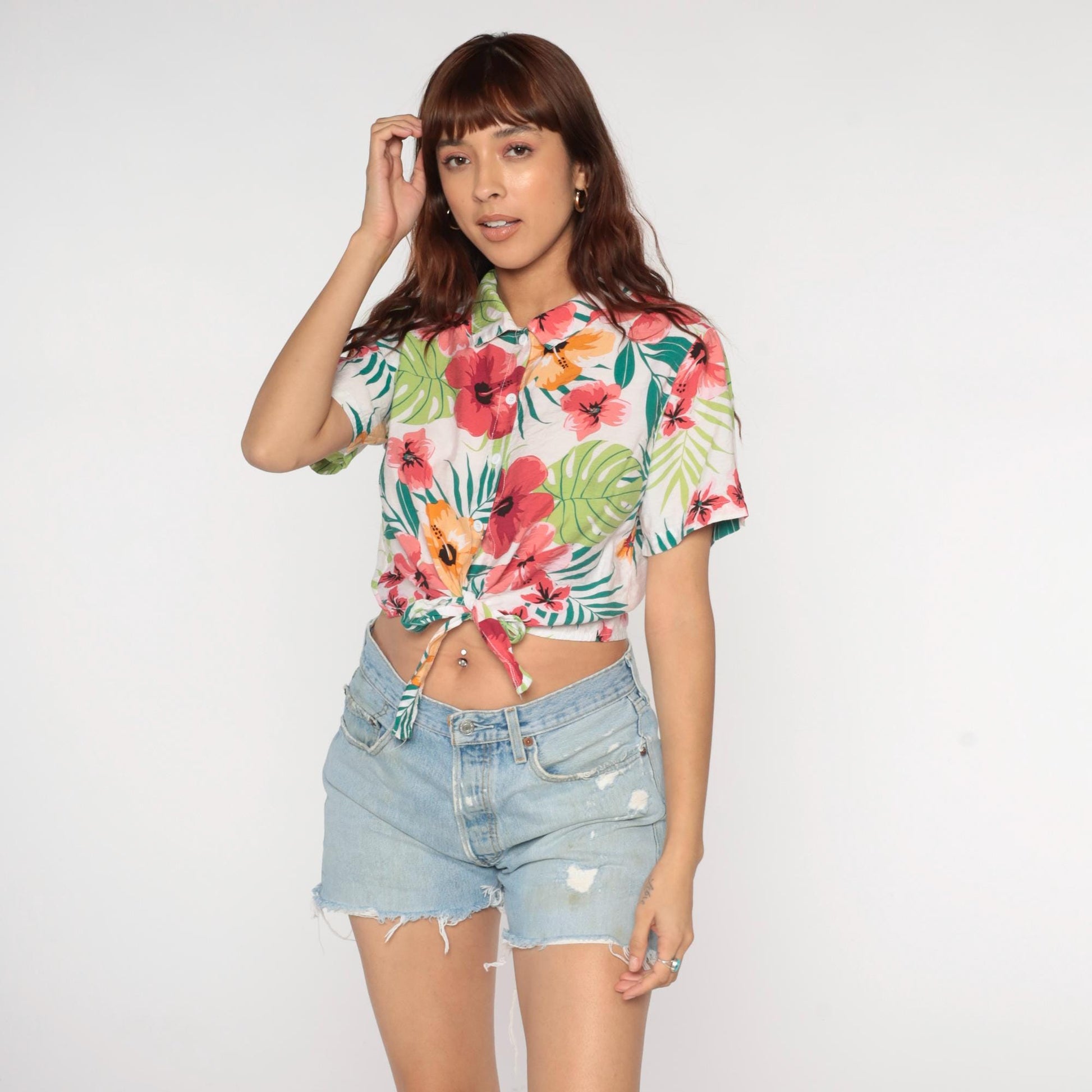 Y2K Tropical Hibiscus Crop Top Button Up Floral Shirt Pink Coral Medium