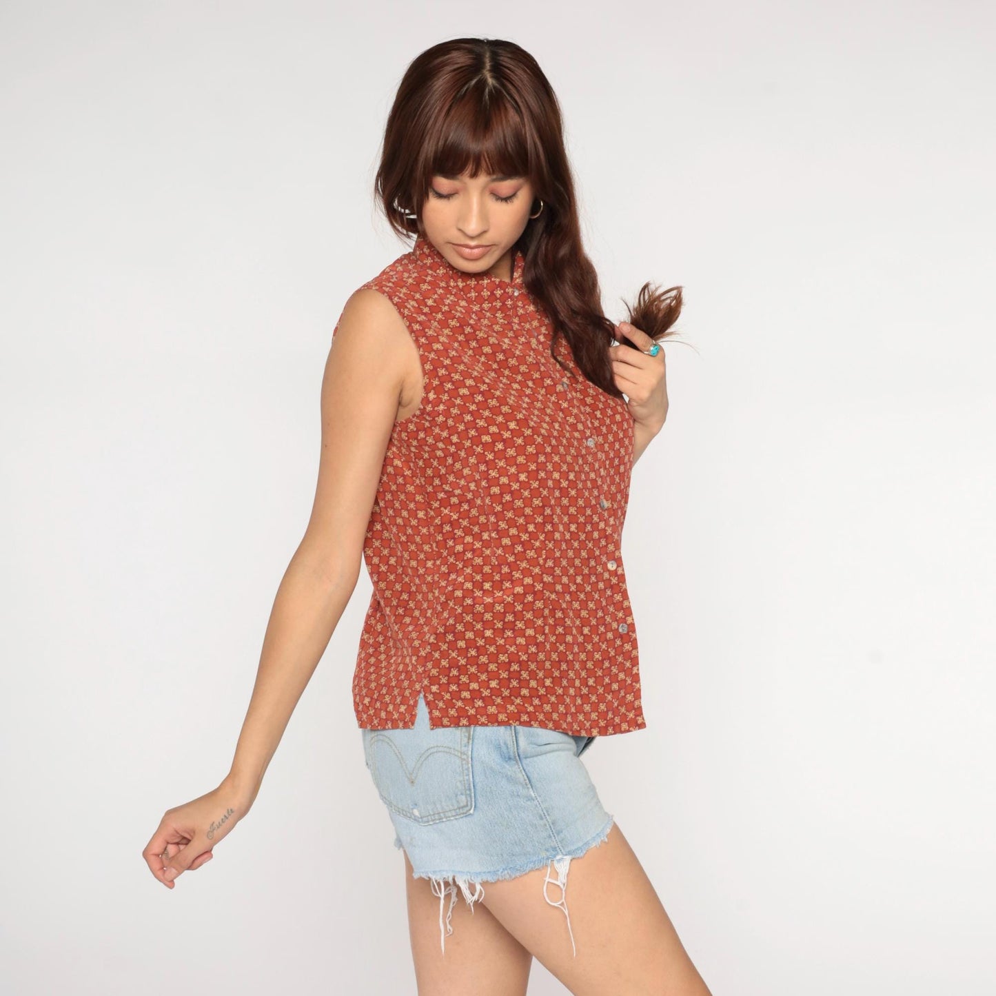 90s Rust Orange Daisy Print Silk Sleeveless Blouse Button-Up Collar Medium
