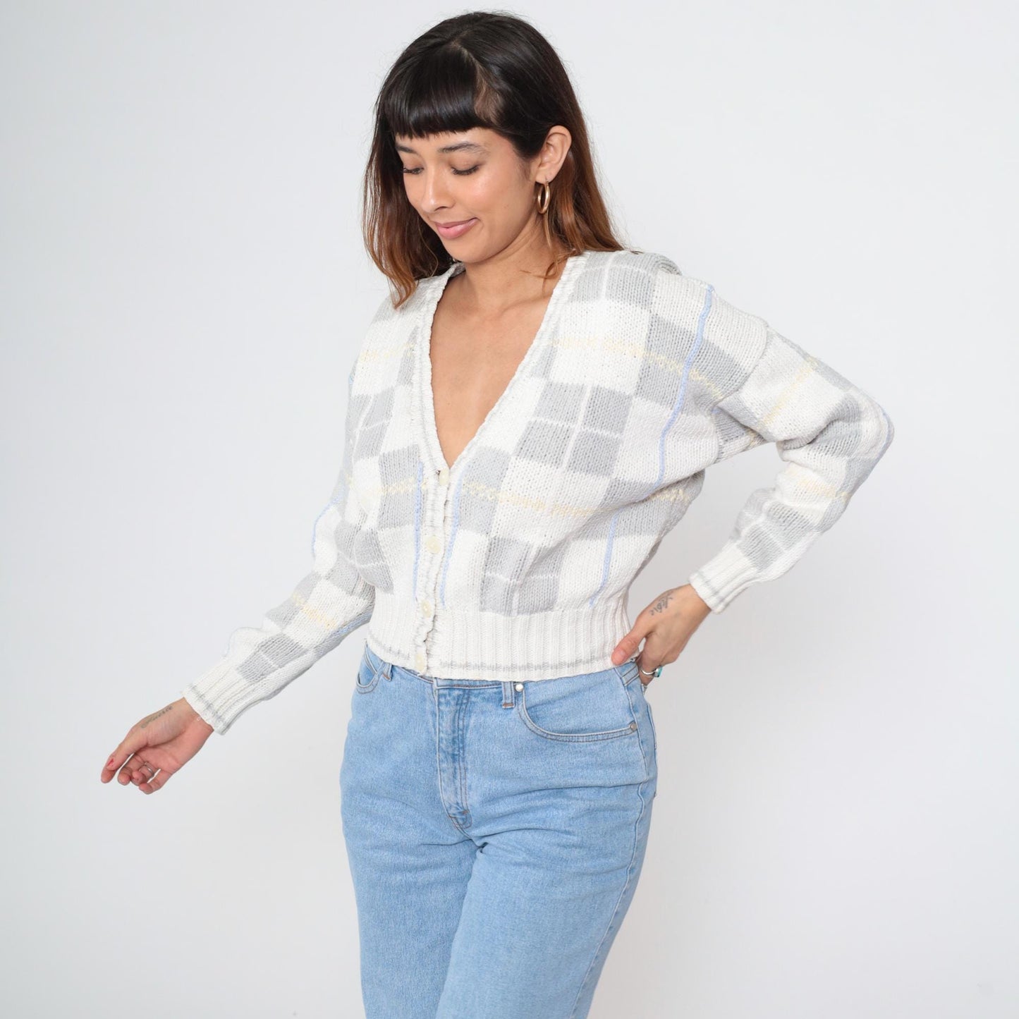 90s Liz Sport Cropped Cardigan Pastel Stripe V-Neck Cotton Medium M