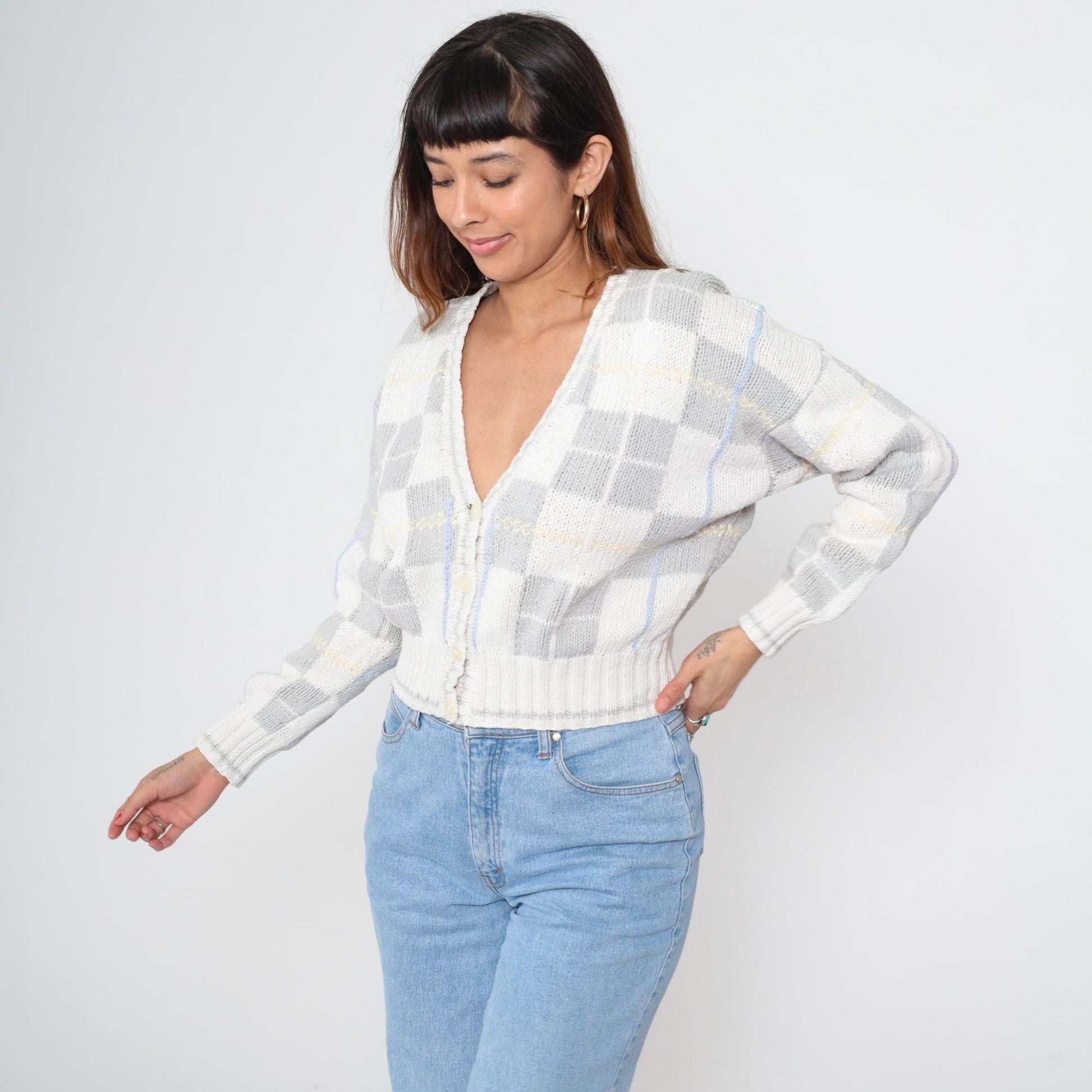 90s Liz Sport Cropped Cardigan Pastel Stripe V-Neck Cotton Medium M