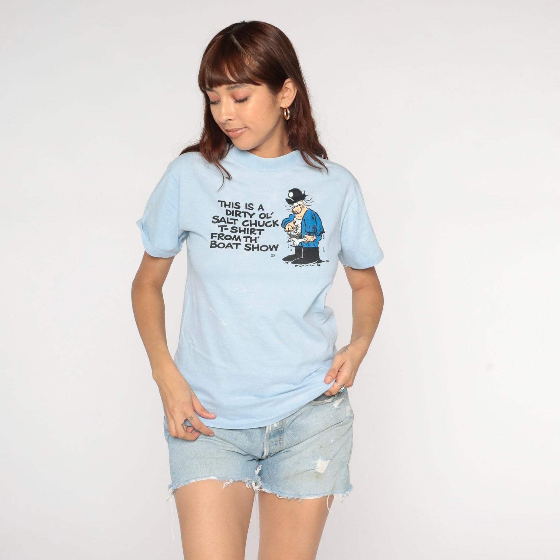 90s Dirty Ol' Salt Chuck Boat Show T-Shirt Light Blue Sailor Graphic Medium