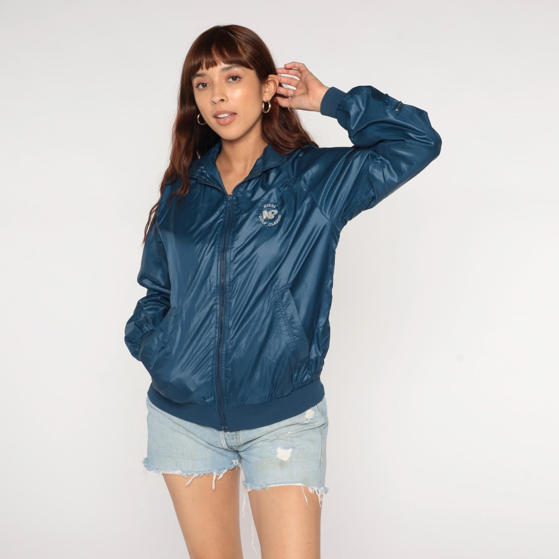 90s Nisei Golf Classic Navy Windbreaker Zip Hood Nylon Jacket Small