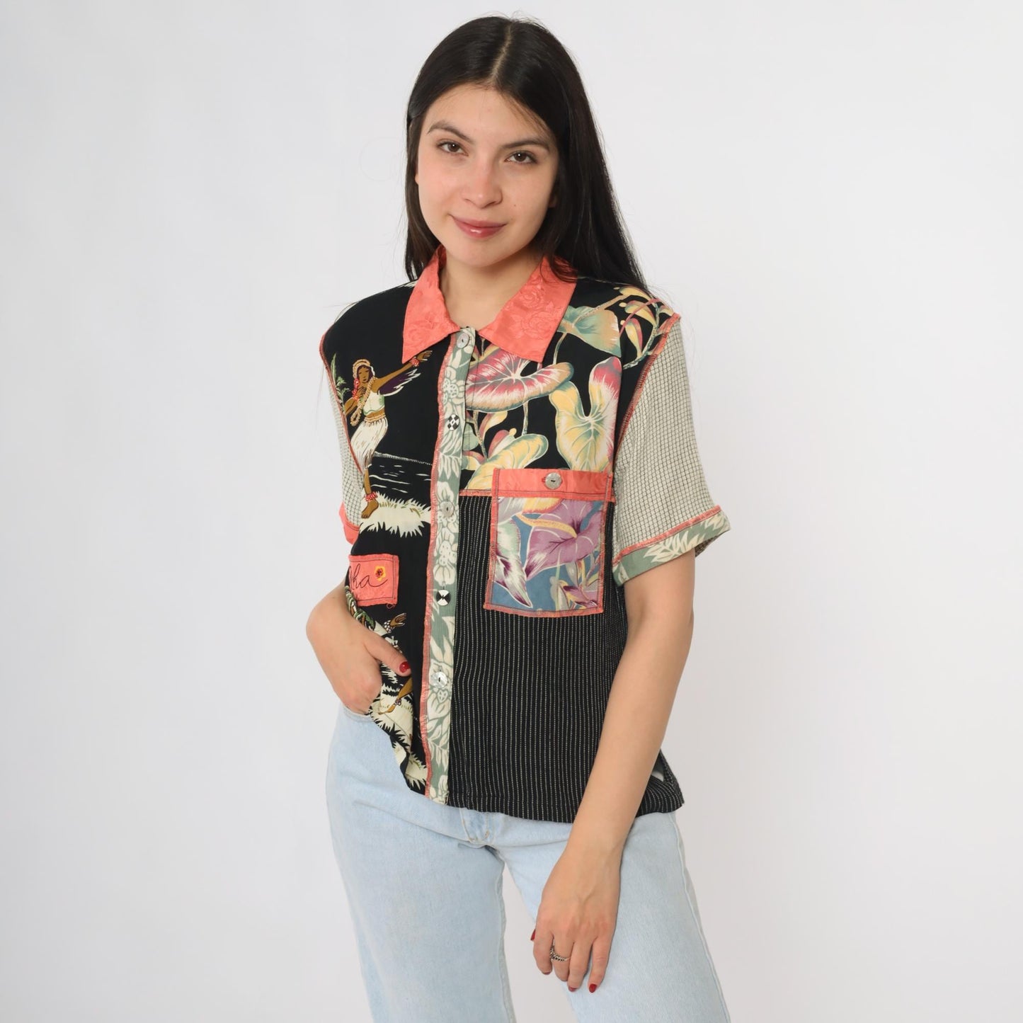 90s Faith Patchwork Hawaiian Shirt Tropical Print Button Front Small S