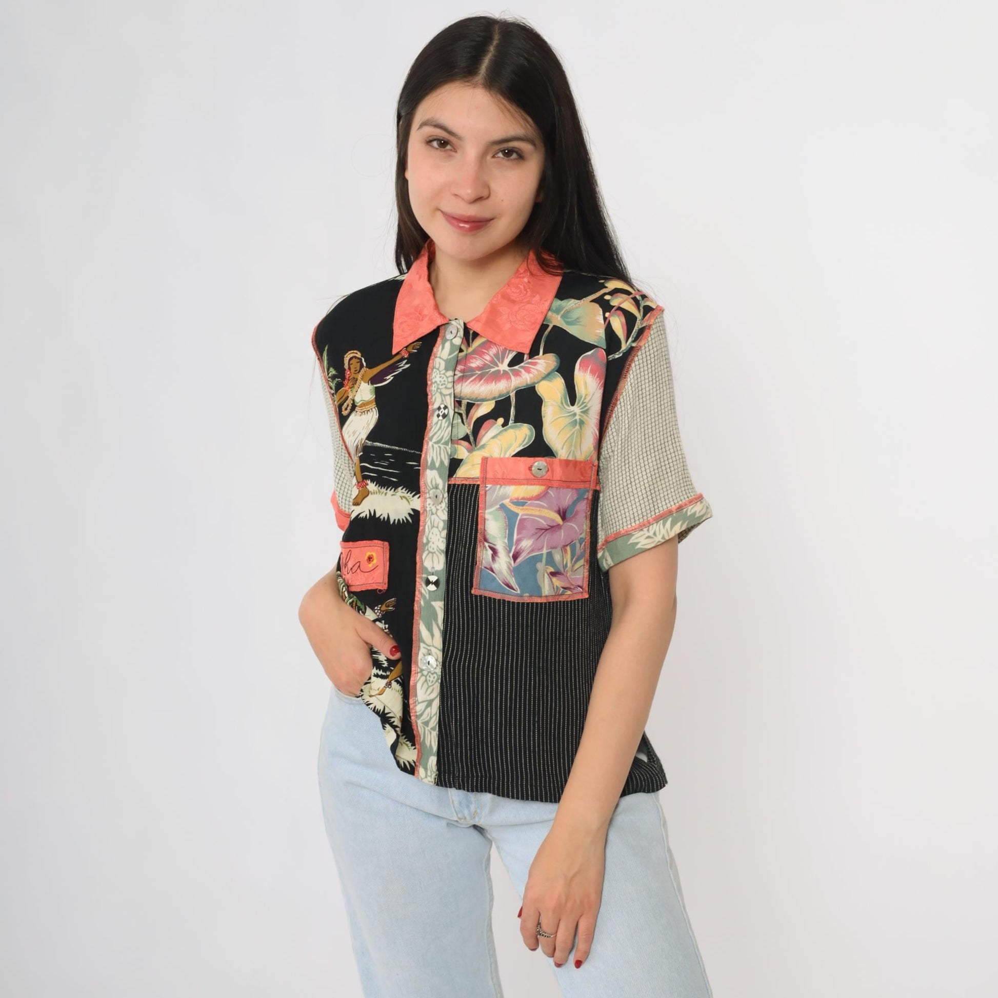 90s Faith Patchwork Hawaiian Shirt Tropical Print Button Front Small S