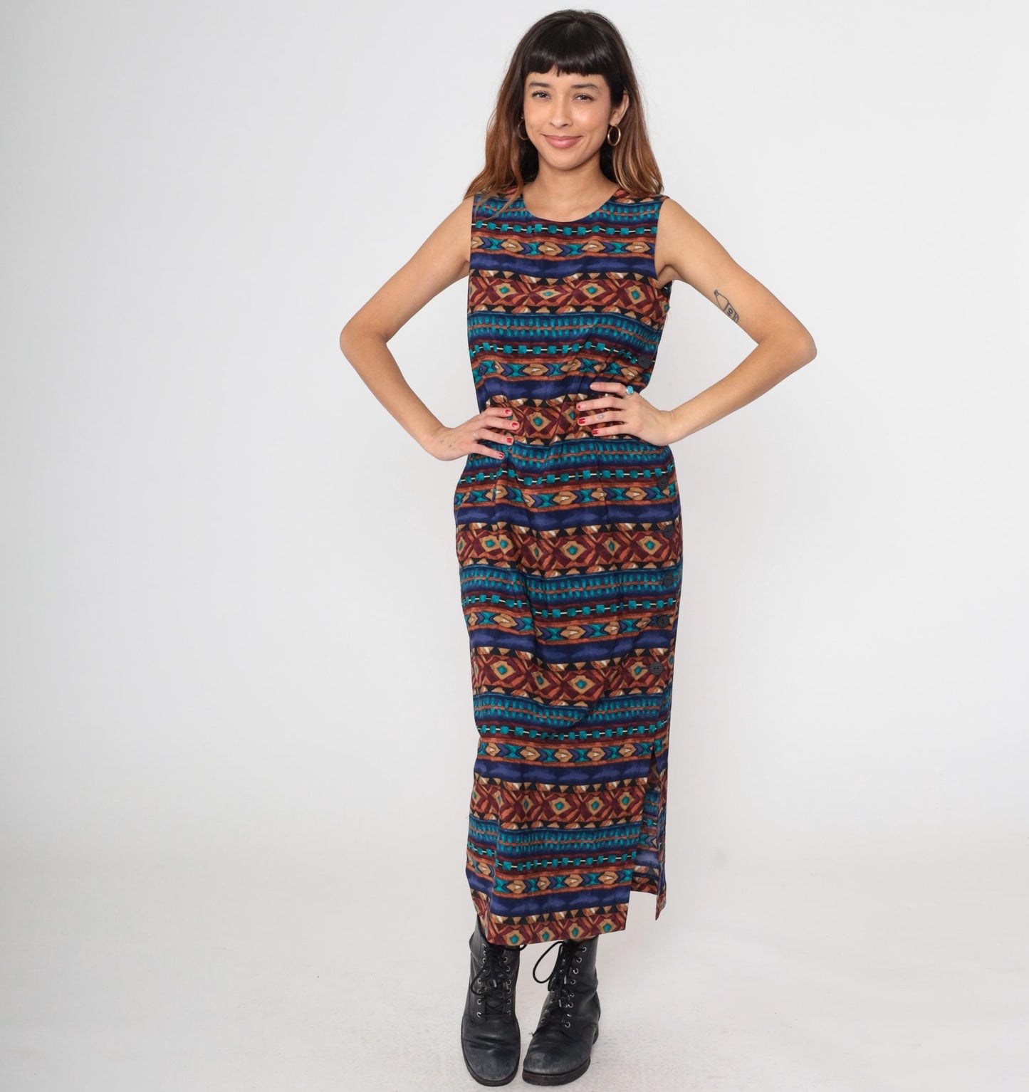 90s J Stevens Southwestern Geometric Maxi Dress Navy Sleeveless Medium M