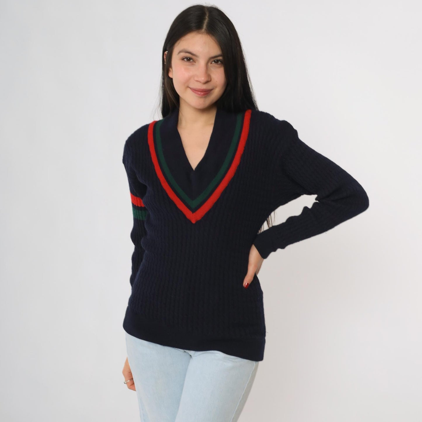 80s Abercrombie & Fitch Cricket Sweater Navy Wool V-Neck Striped Small