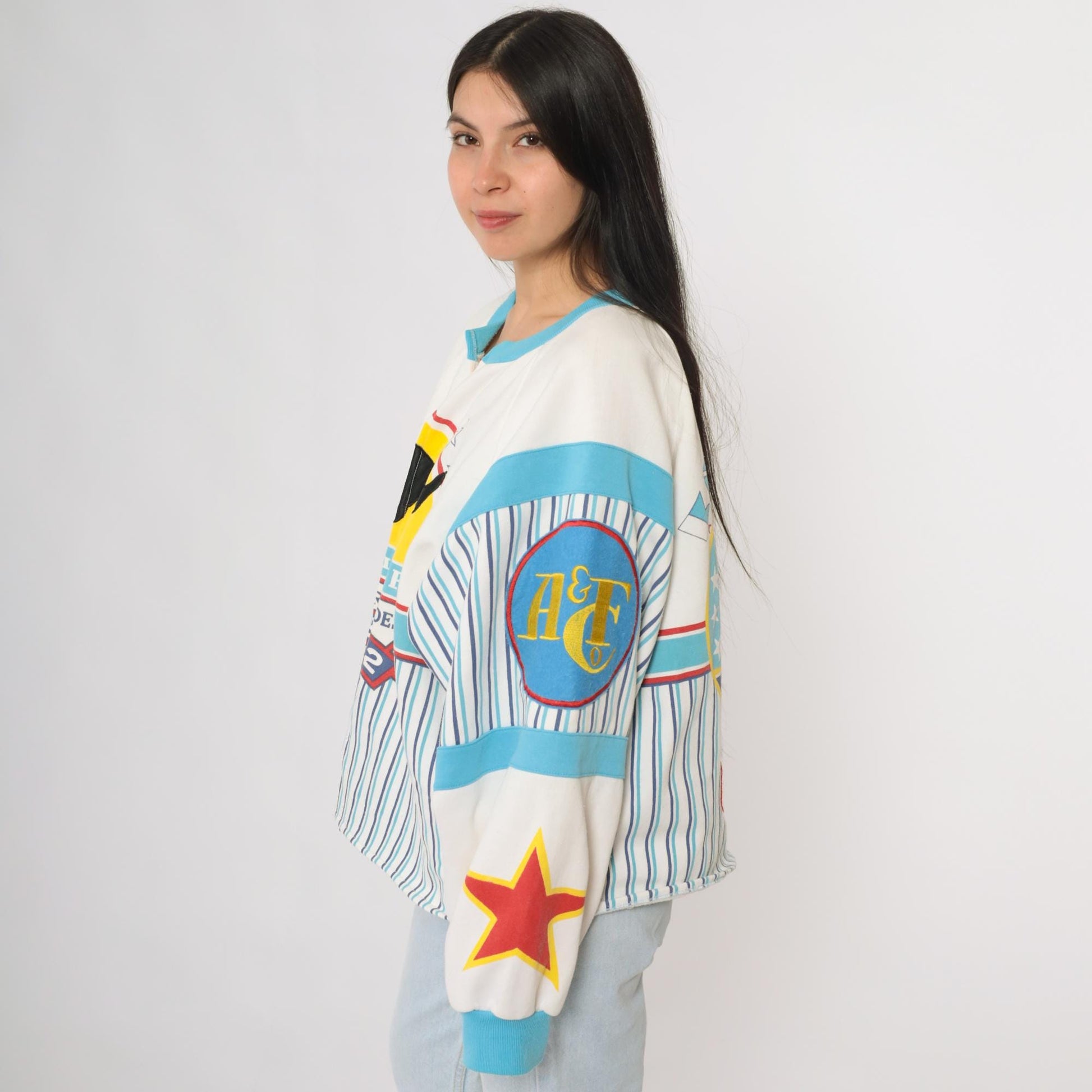 80s Abercrombie & Fitch Yacht Sailing Novelty Sweatshirt White Blue Striped Large