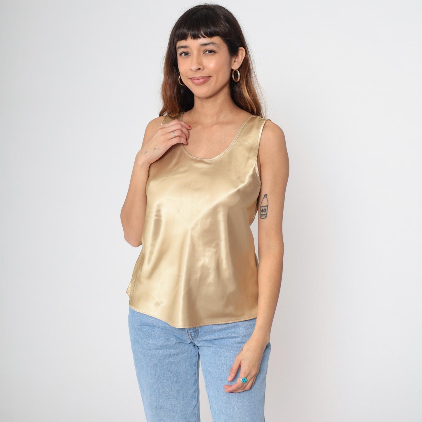 90s Gold Satin Cami Tank Top Sleeveless Blouse Large L