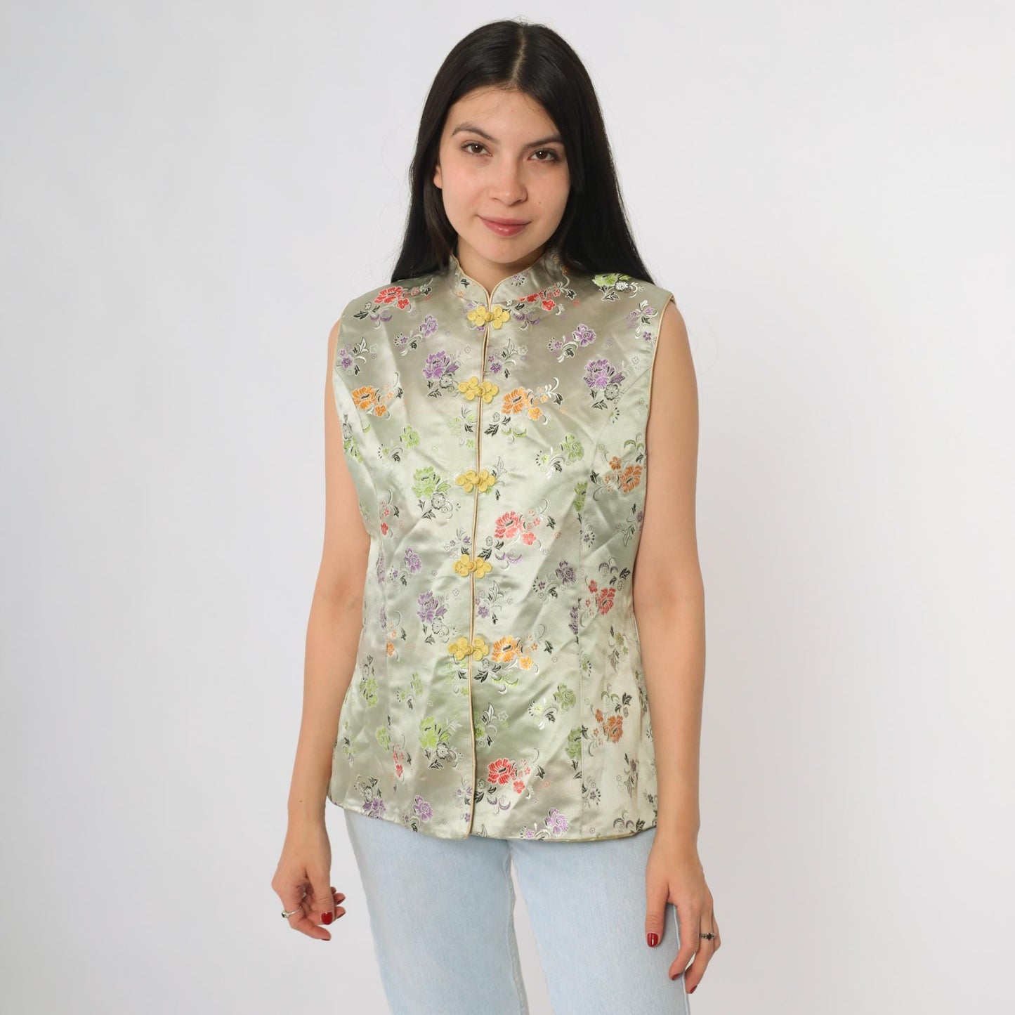 Y2K Sage Green Cheongsam Top Mandarin Collar Floral Embroidered Satin Small