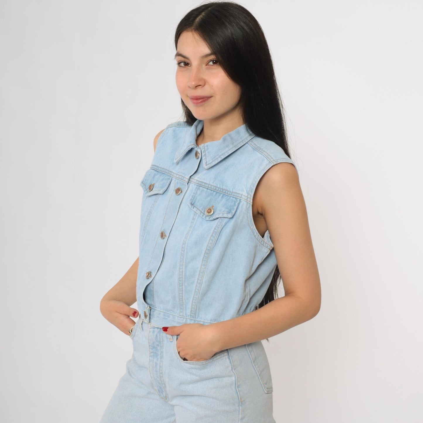 90s Faded Glory Light Wash Denim Vest Button Front Pointed Collar Large L