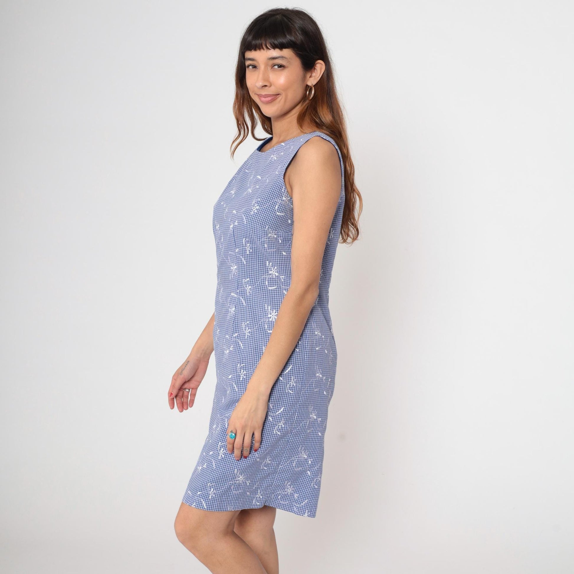 90s Blue Gingham Mini Dress Embroidered Floral Sleeveless Scoop Neck Medium M