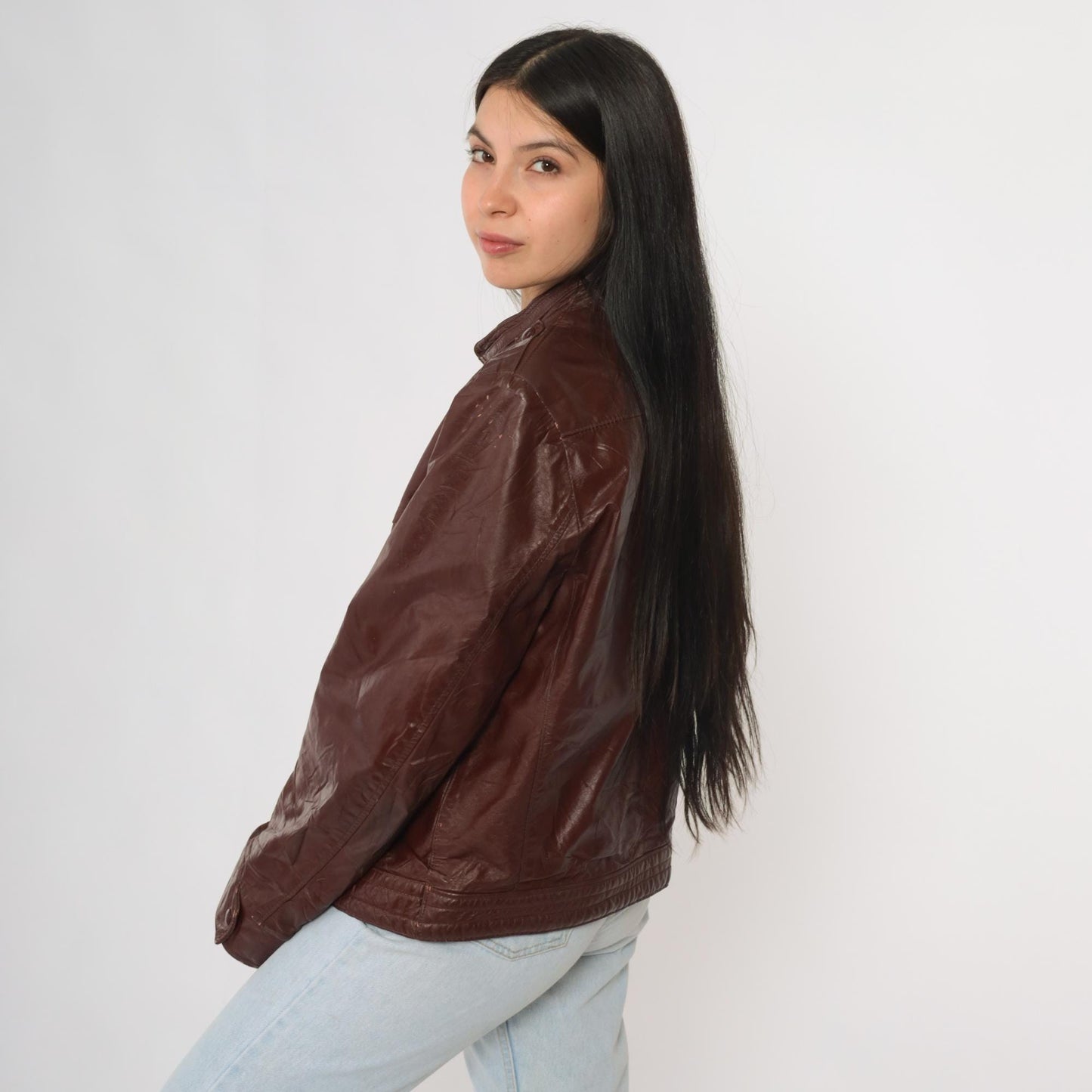 80s Brown Leather Bomber Jacket Epaulet Shoulders Zip Front Women's Medium