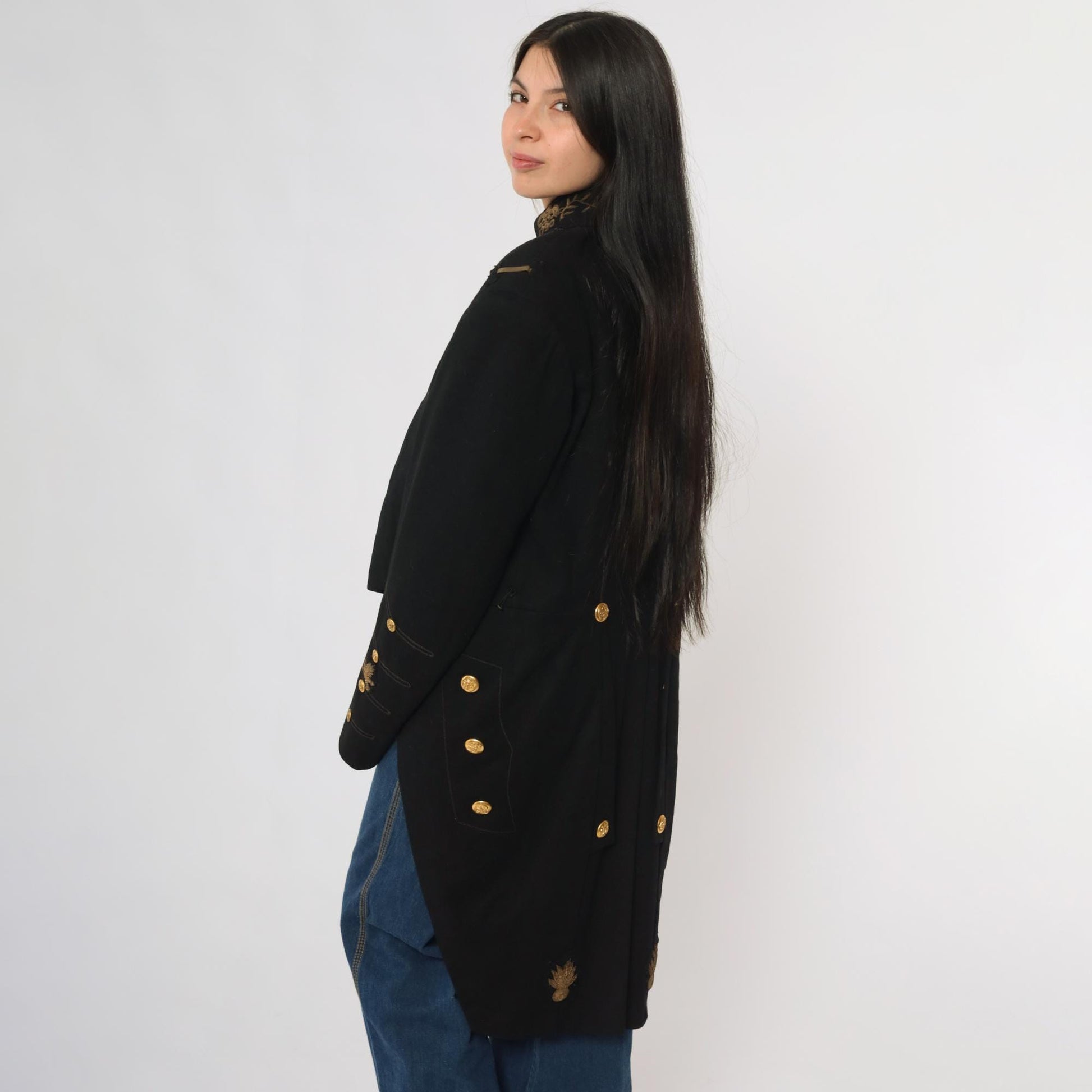 60s Black Wool Military Jacket Gold Buttons Embroidered Officer Coat Medium Large