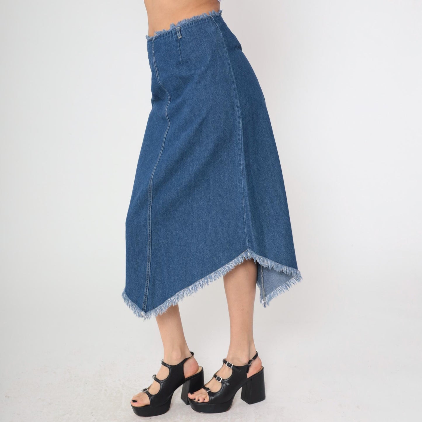 90s Blue Denim Midi Skirt Asymmetrical Frayed Hem Y2K Medium