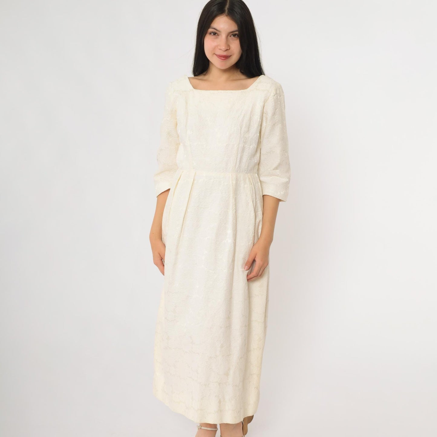 60s Cream Lace Midi Dress Square Neckline Embroidered Small