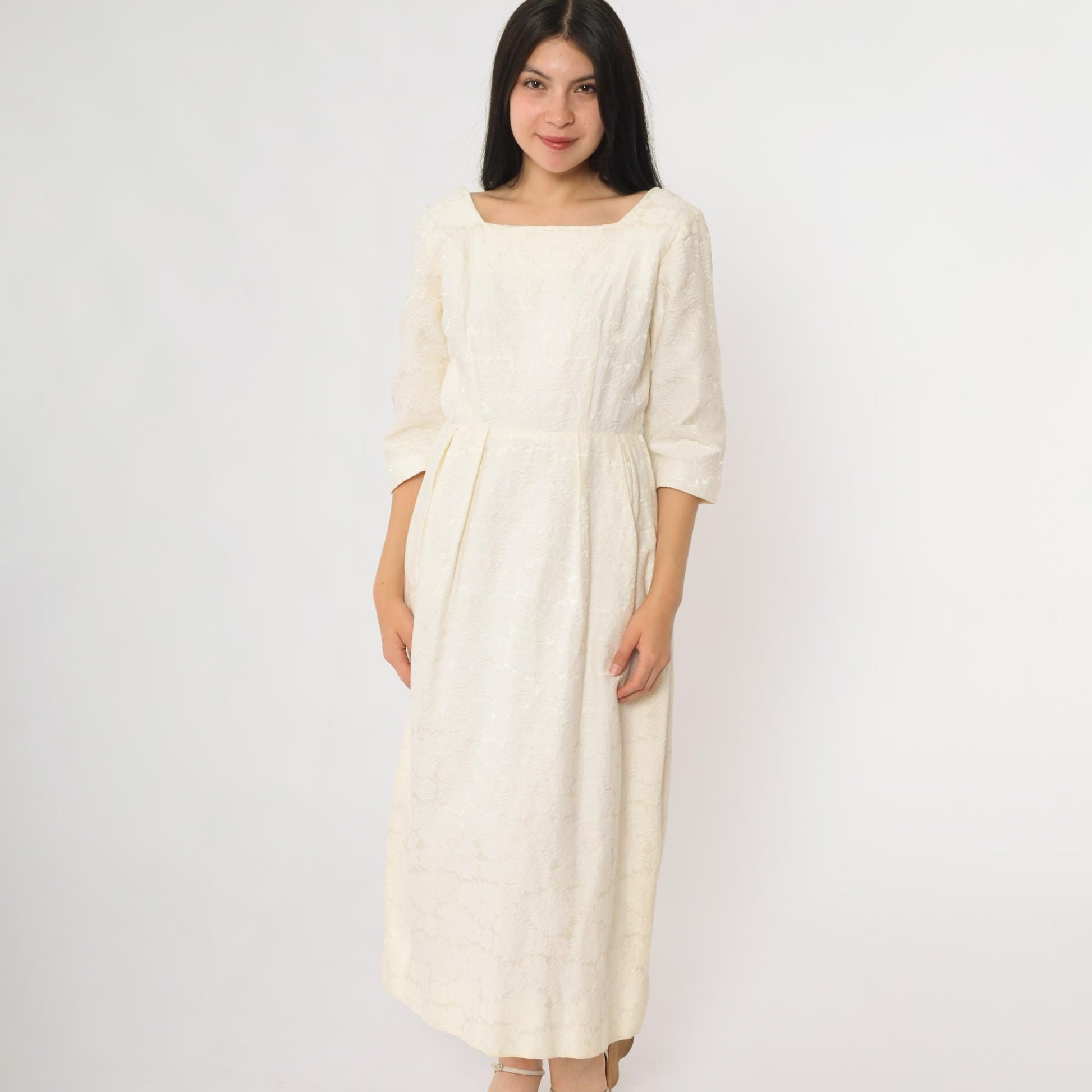 60s Cream Lace Midi Dress Square Neckline Embroidered Small