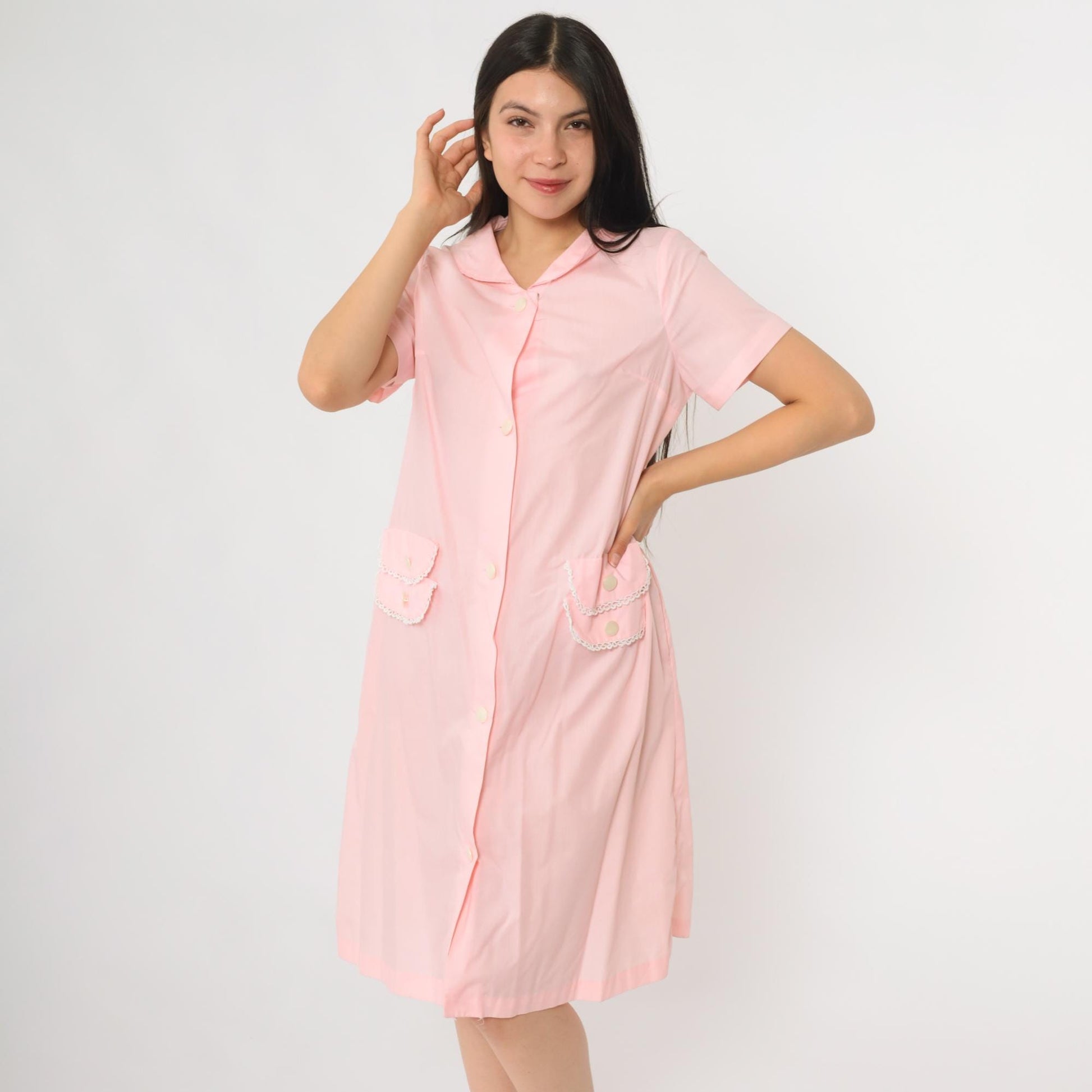 60s Charmode Pink House Dress Peter Pan Collar Lace Trim Pockets Medium
