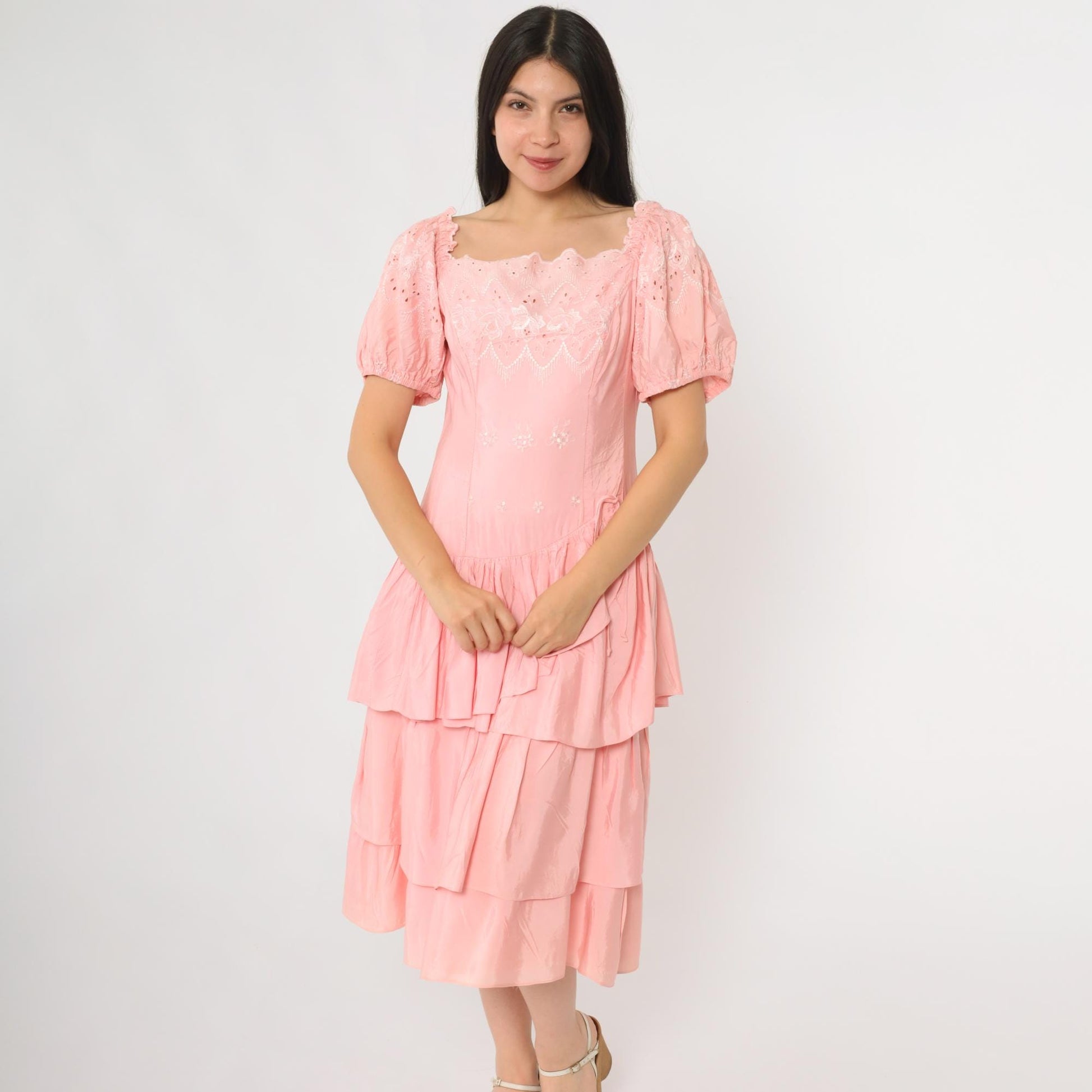 80s Pink Eyelet Midi Dress Off-Shoulder Puff Sleeve Tiered Ruffle Small