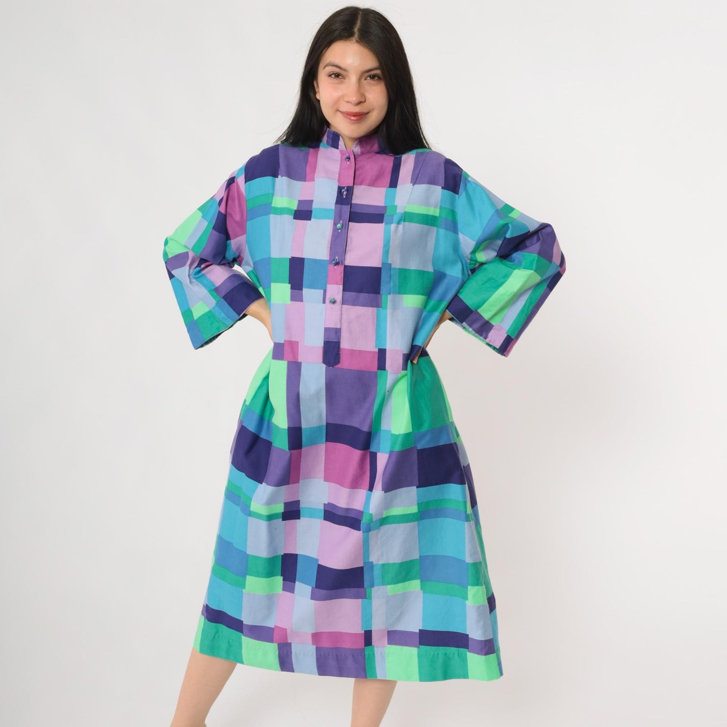 60s Catherine Ogust Penthouse Gallery Geometric Block Print Midi Dress Large L