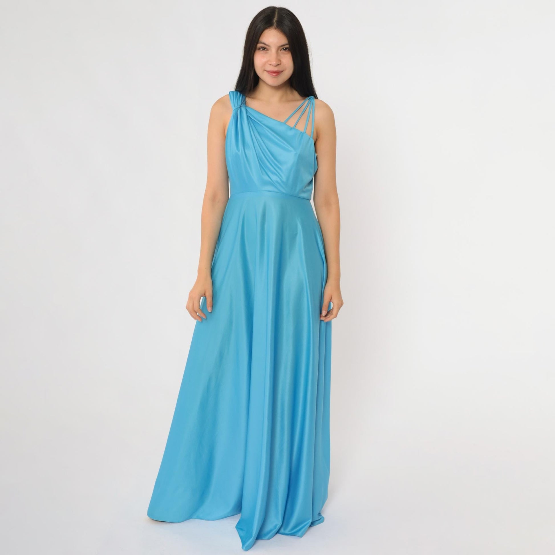 70s Blue Satin One-Shoulder Maxi Dress Draped Bodice Floor Length Small
