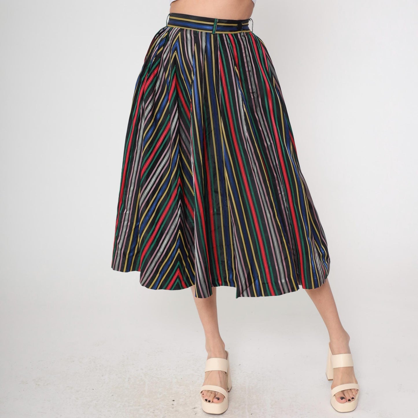 1950s Circle Skirt High Waist Tea Length Striped Rainbow Black Small