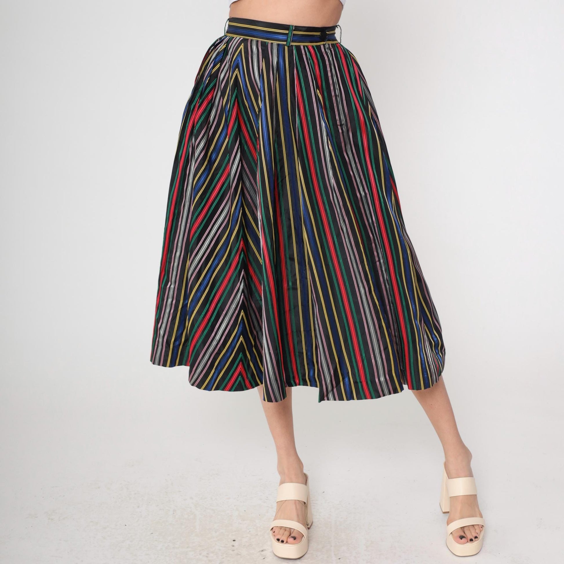1950s Circle Skirt High Waist Tea Length Striped Rainbow Black Small