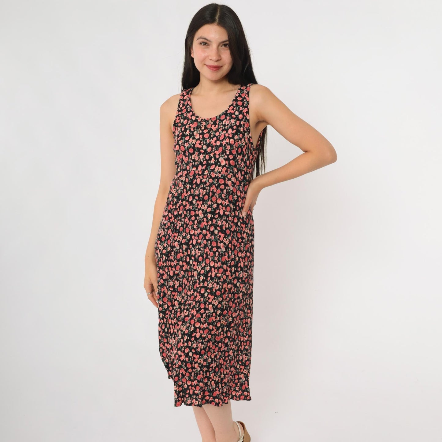 90s R&K Originals Cherry Blossom Floral Midi Dress Black Pink Medium M
