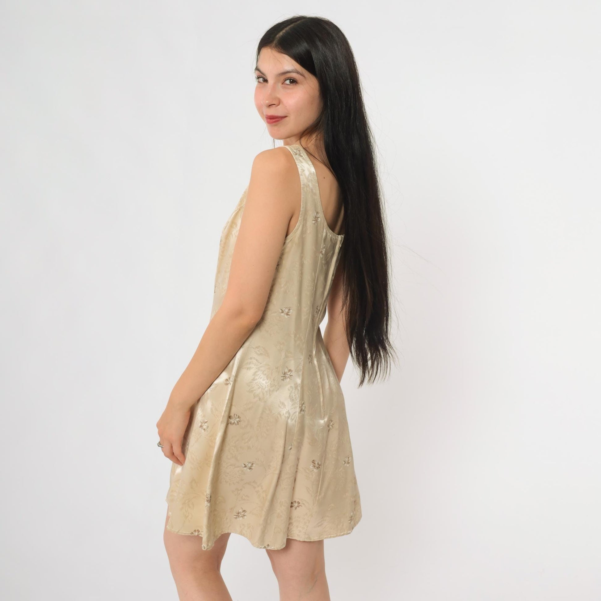 90s All That Jazz Champagne Satin Mini Slip Dress Floral Jacquard Tank Small