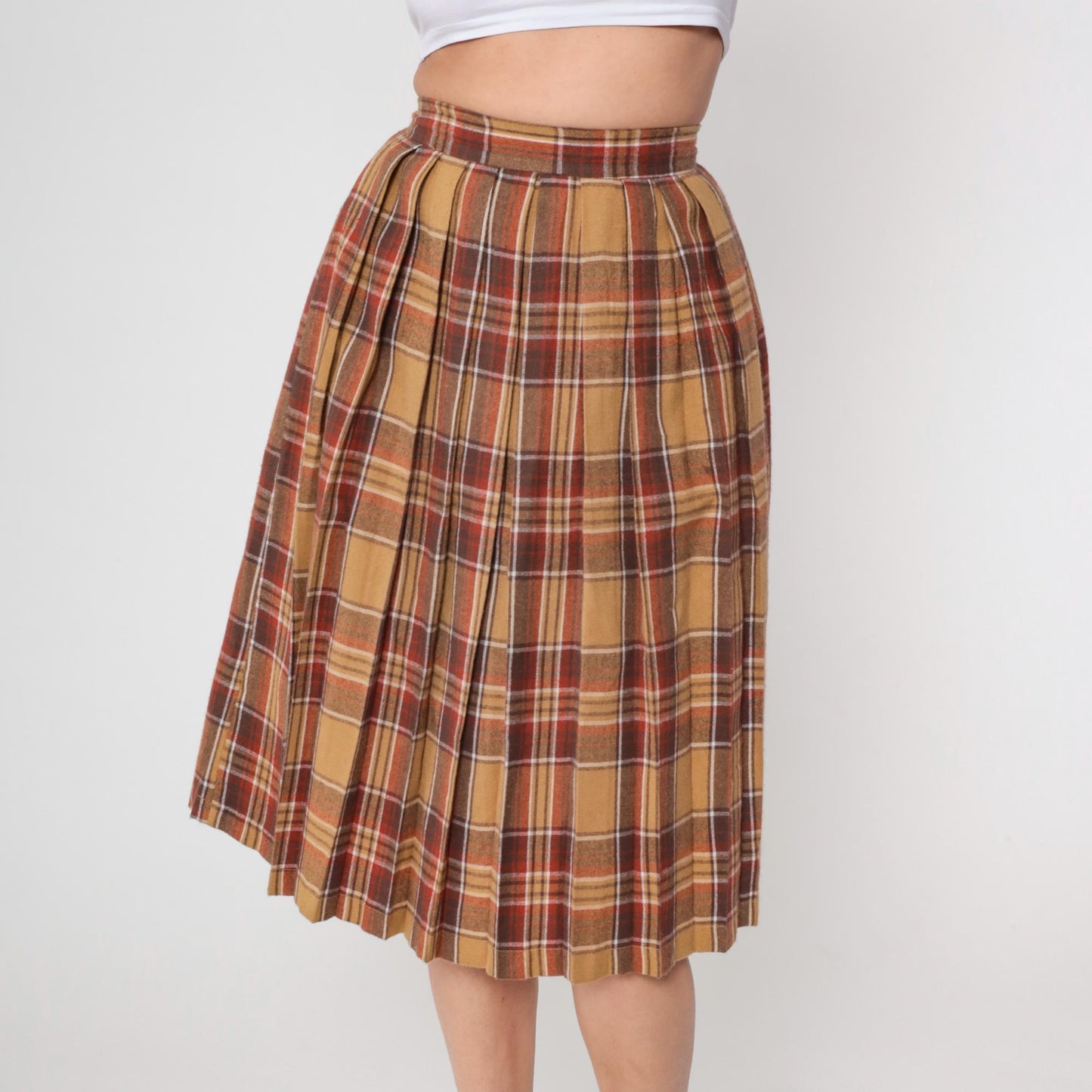 70s Plaid Wool Blend Midi Skirt High Waisted Tartan Brown Tan Small S