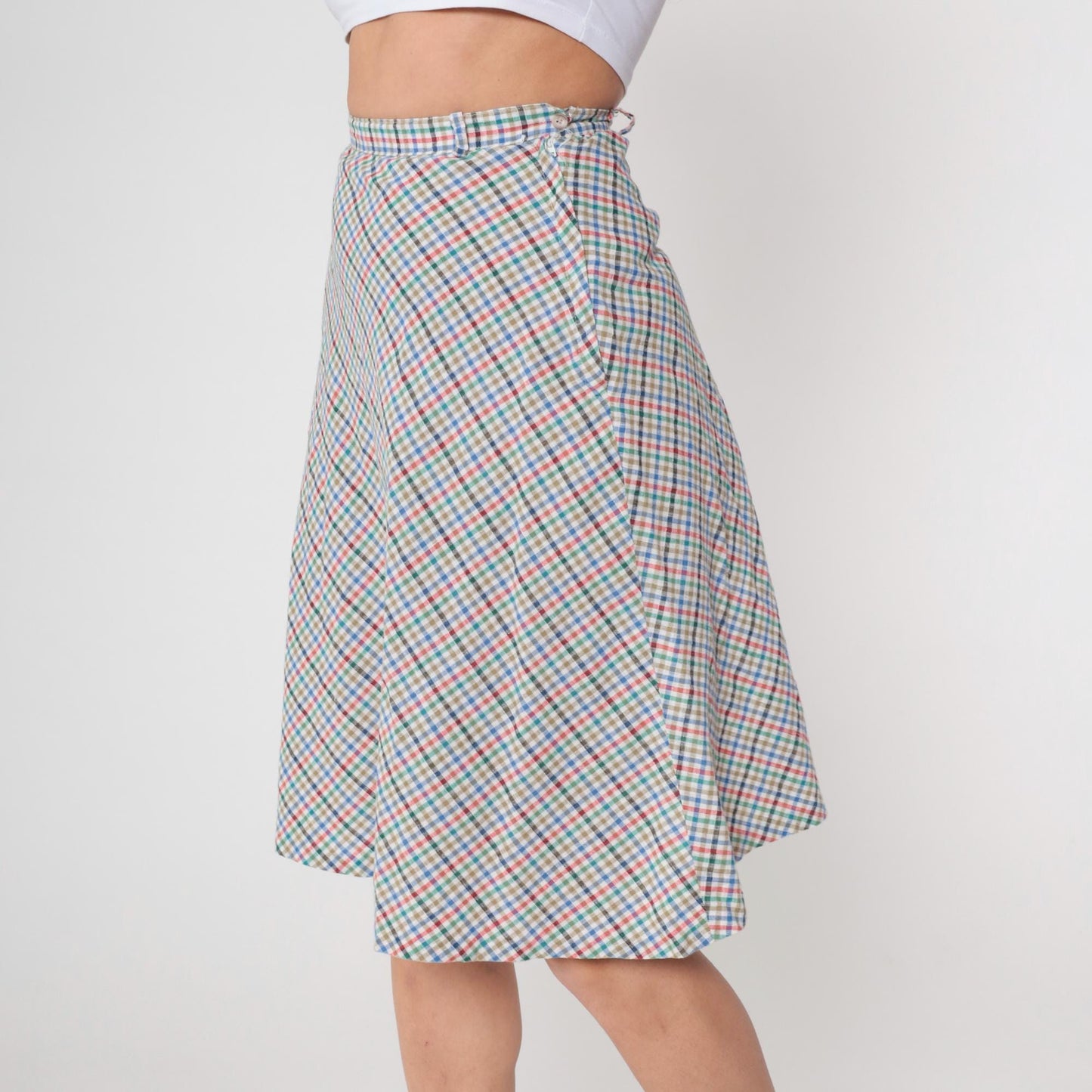 80s Plaid Mini Skirt High Waist Button Up Checkered Pink Blue Small