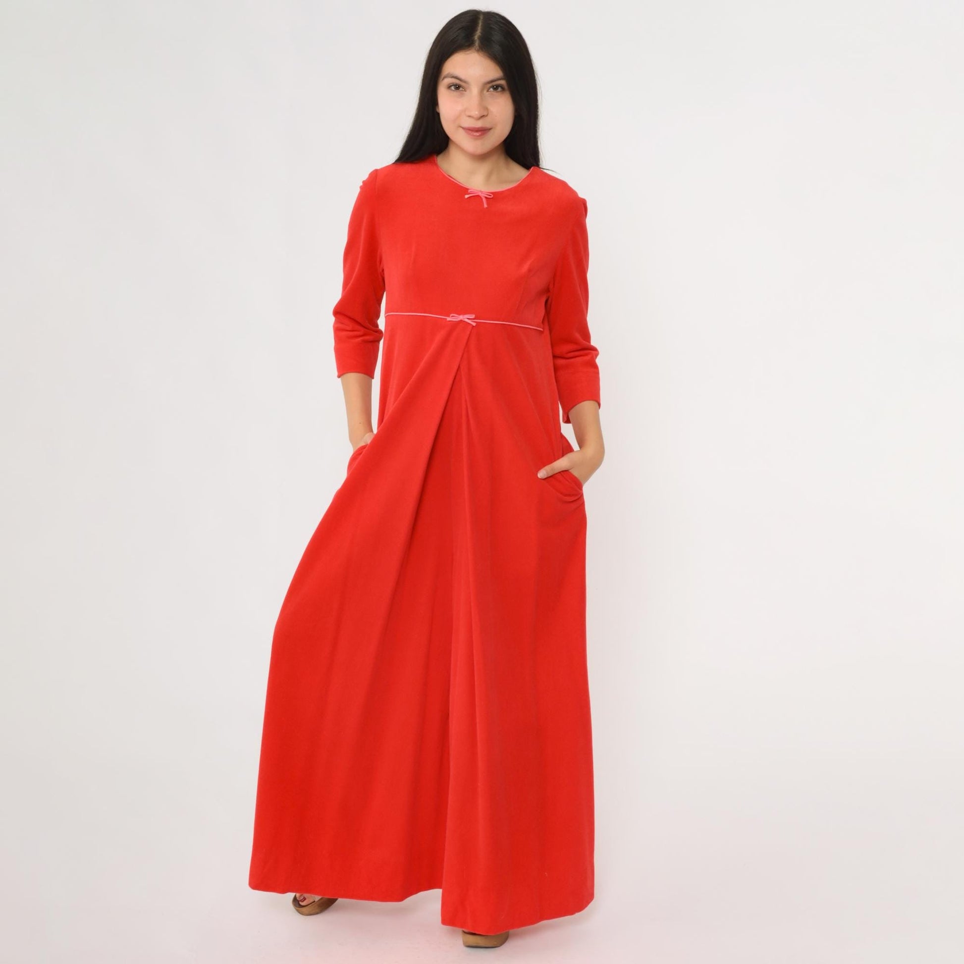 70s Chezelle Palazzo Jumpsuit Red Empire Waist Three-Quarter Sleeve Small