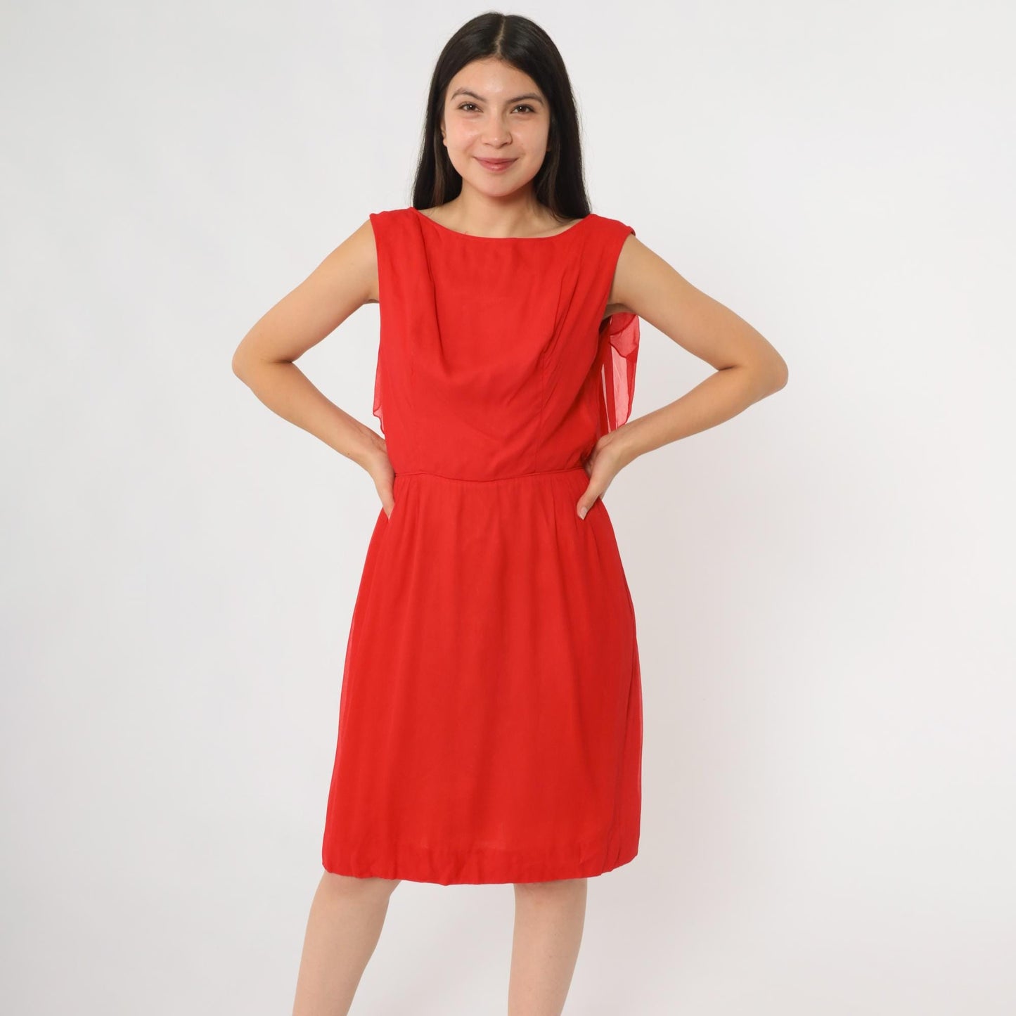 60s Red Chiffon Sleeveless Boat Neck Dress Knee Length Ruffle Medium