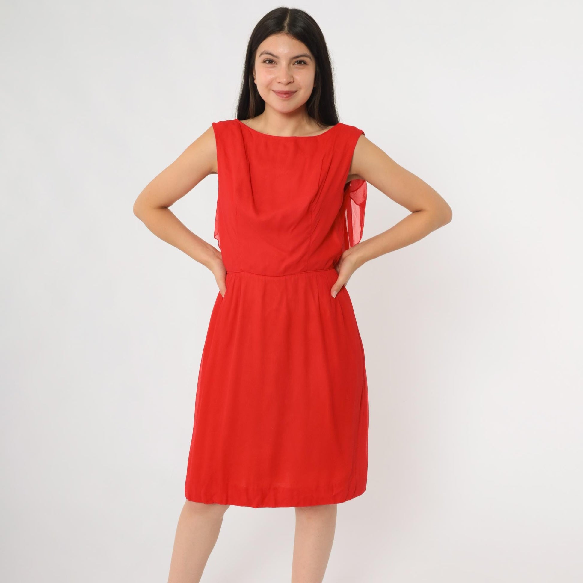 60s Red Chiffon Sleeveless Boat Neck Dress Knee Length Ruffle Medium