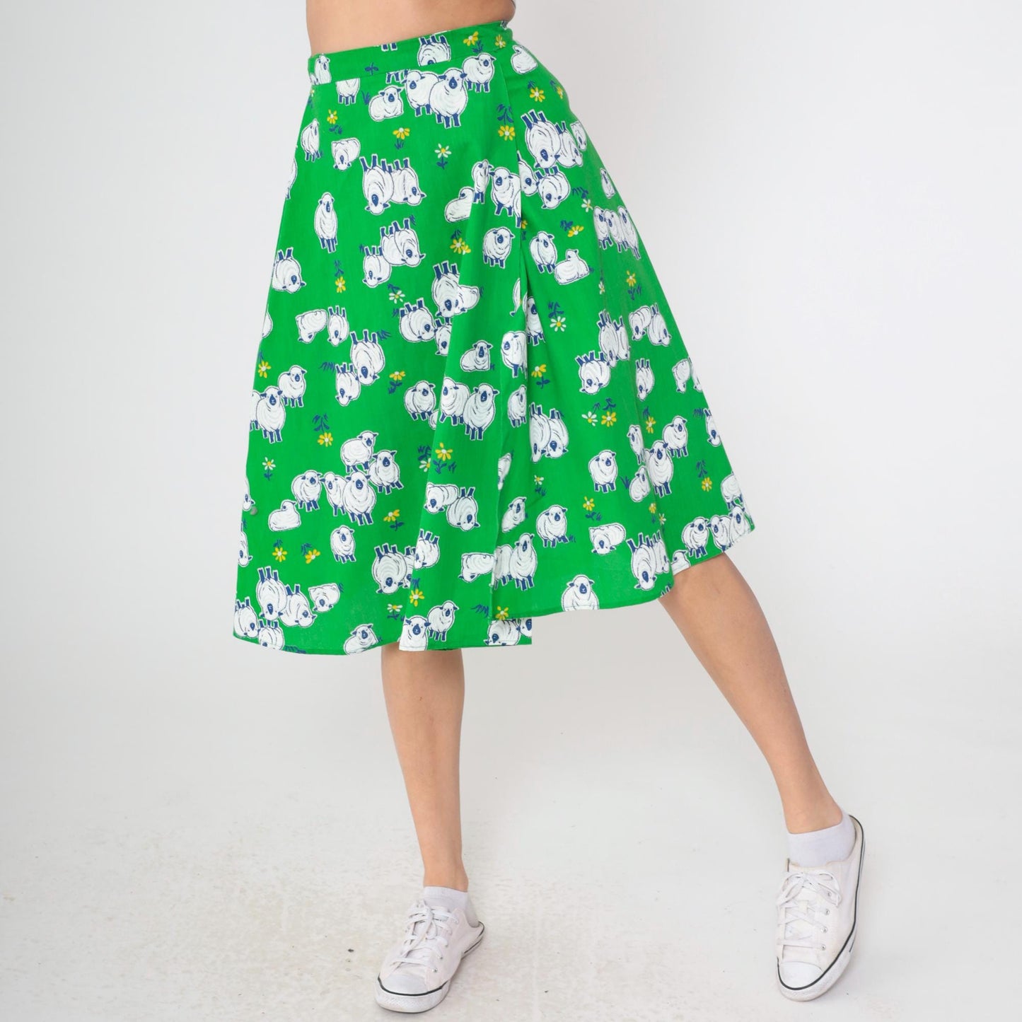 70s Sheep Print Midi Skirt Green A-Line Wrap Cotton Small Medium