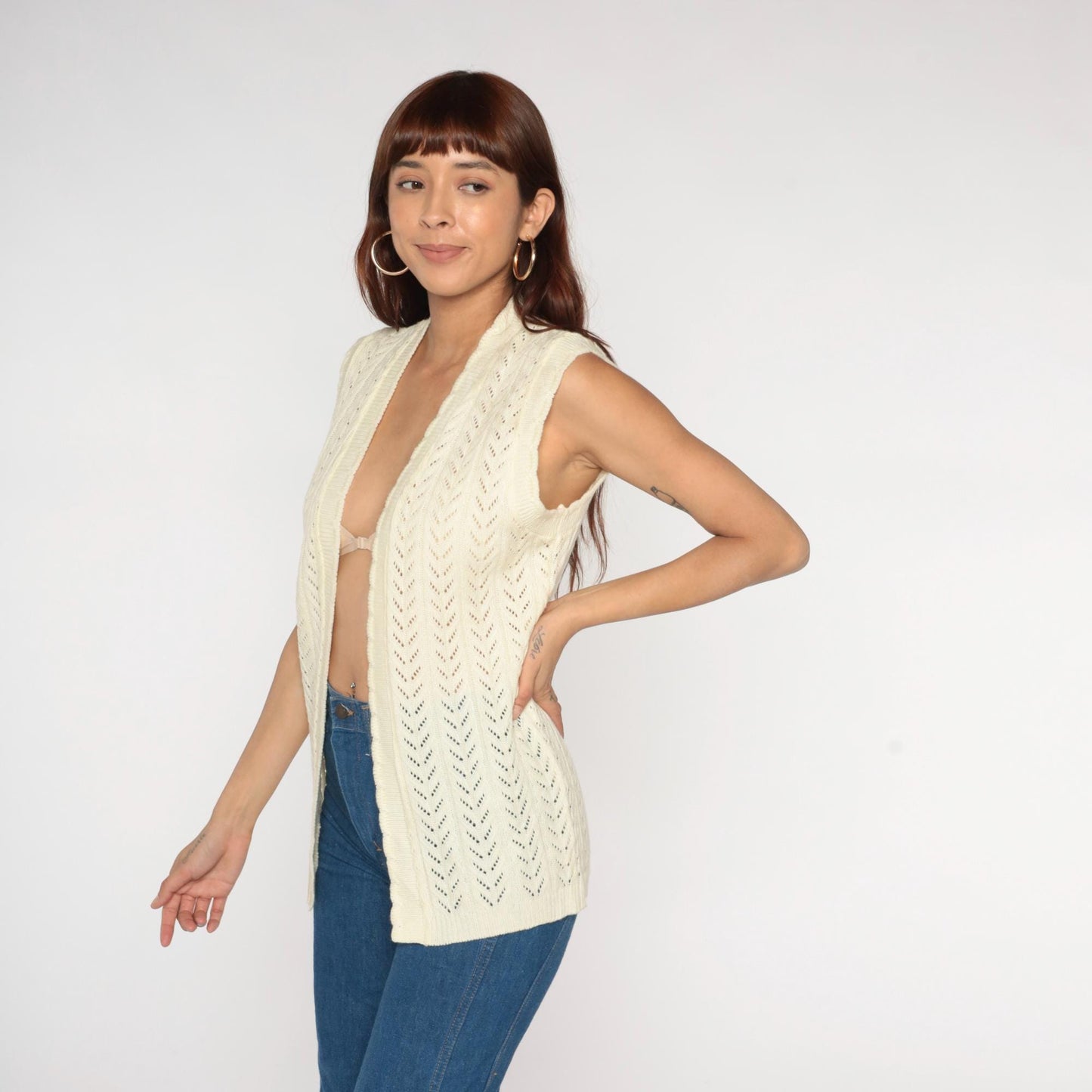 70s St Michael Cream Crochet Knit Vest Open Front Sleeveless Small