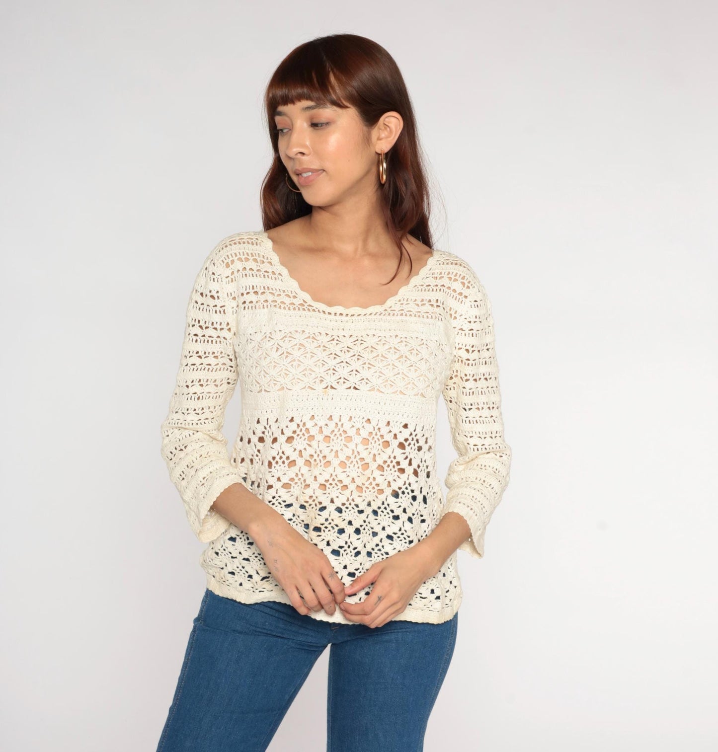 00s Lucky Brand Crochet Long Sleeve Top Cream Sheer Cutout Large L