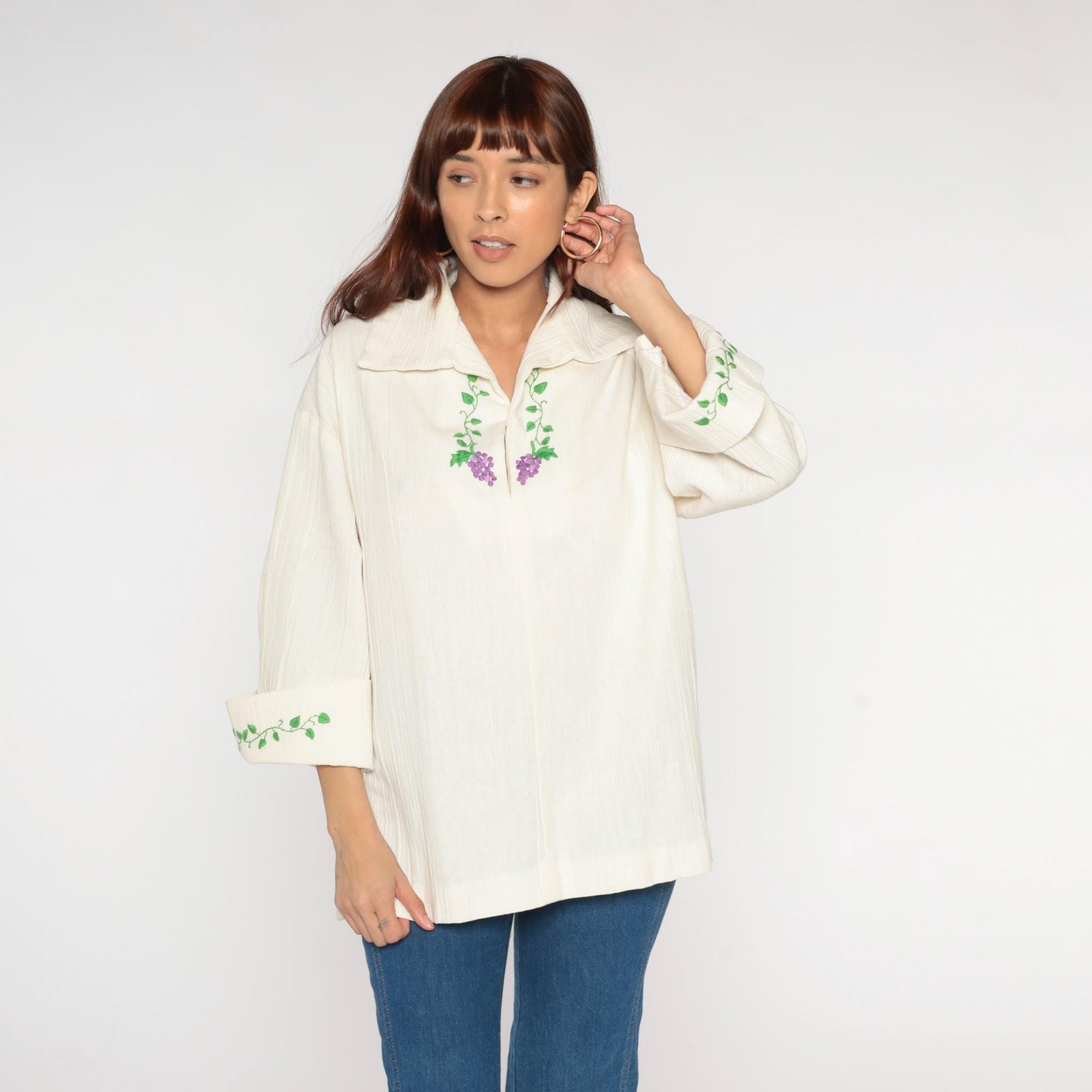 70s Cream Peasant Blouse Purple Grape Embroidery Bell Sleeves Large L