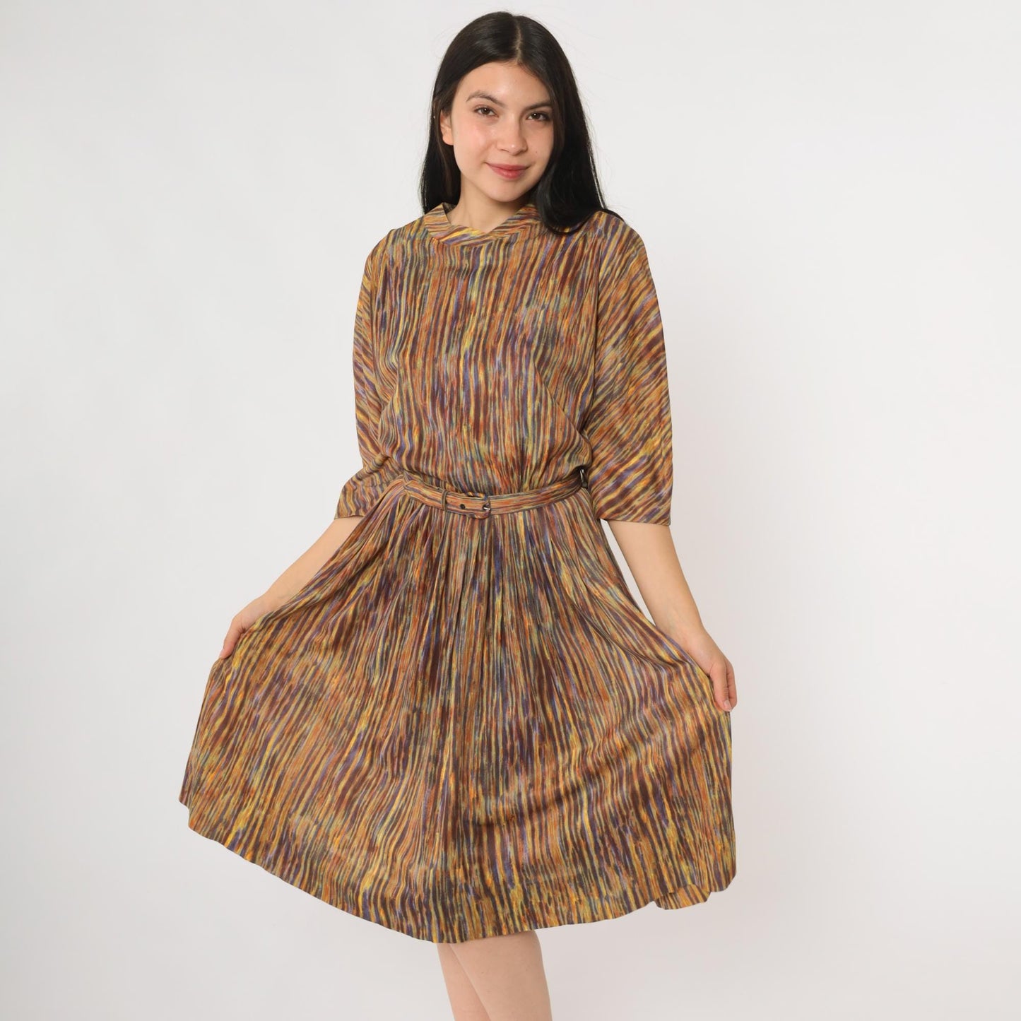 60s Nelly Don Abstract Stripe Midi Dress Rainbow V-Neck A-Line Medium