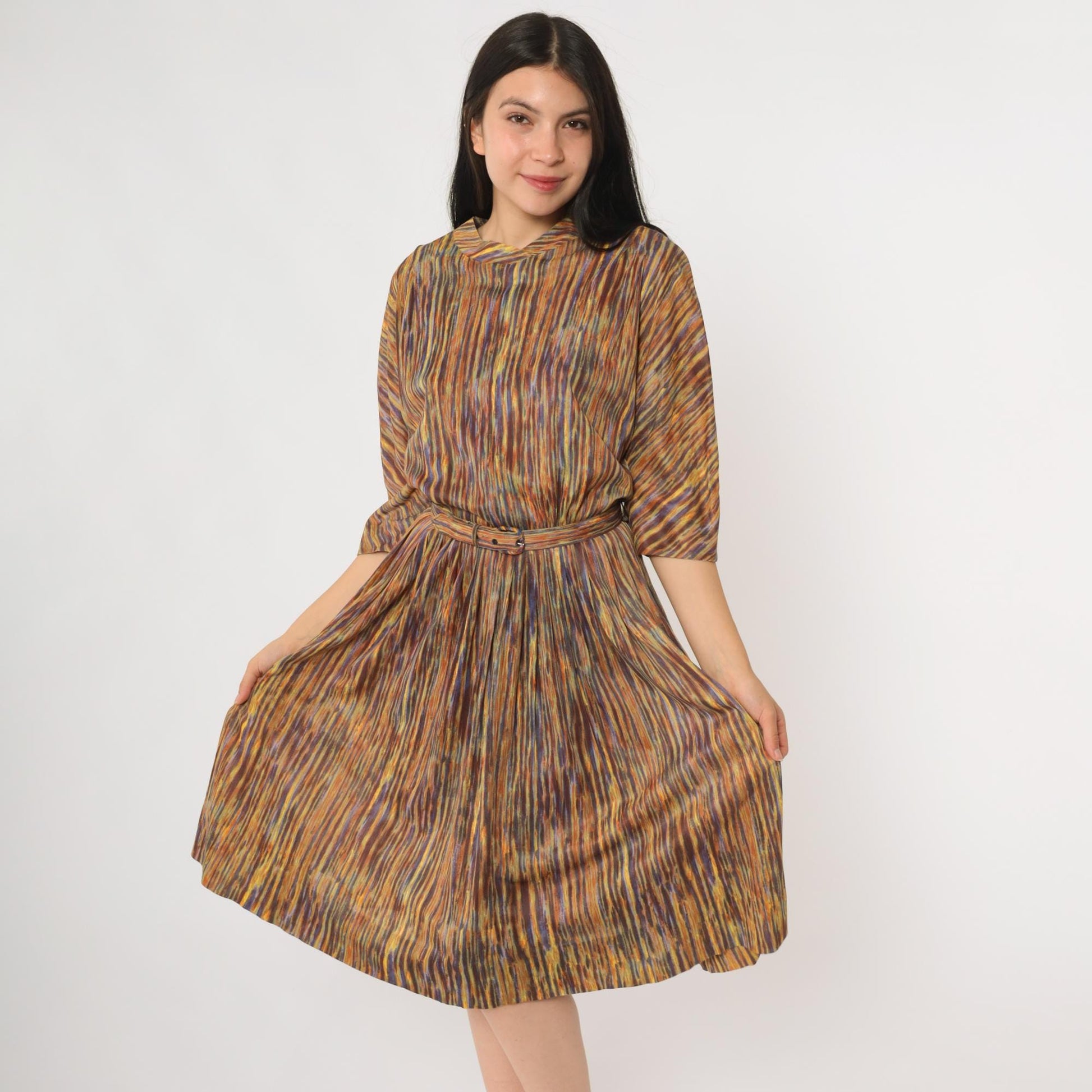 60s Nelly Don Abstract Stripe Midi Dress Rainbow V-Neck A-Line Medium