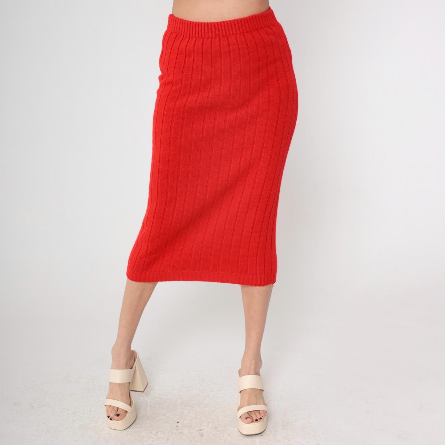 70s Red Ribbed Knit Mini Skirt High Waist A-Line Small