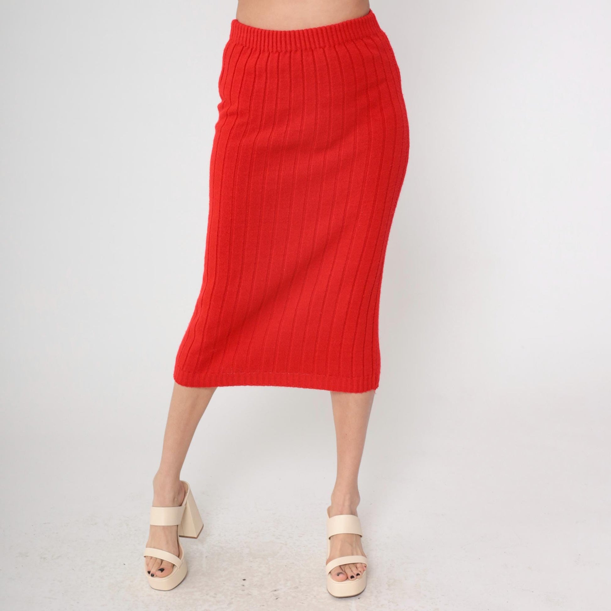 70s Red Ribbed Knit Mini Skirt High Waist A-Line Small