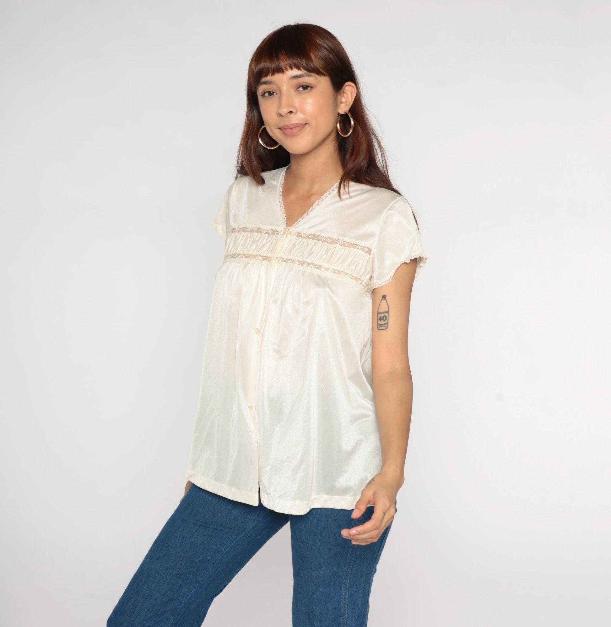 80s Sears Cream Lace Trim Blouse Short Sleeve Medium M