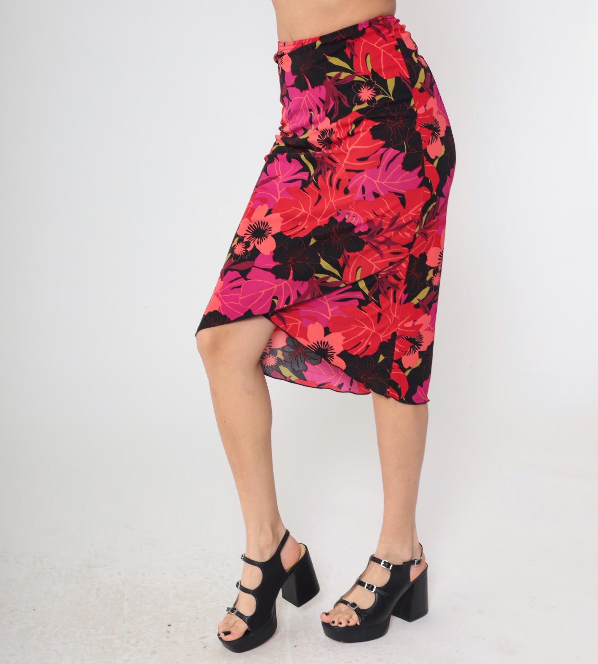 Y2K Heart and Soul Tropical Print Midi Pencil Skirt Pink Black Red Small