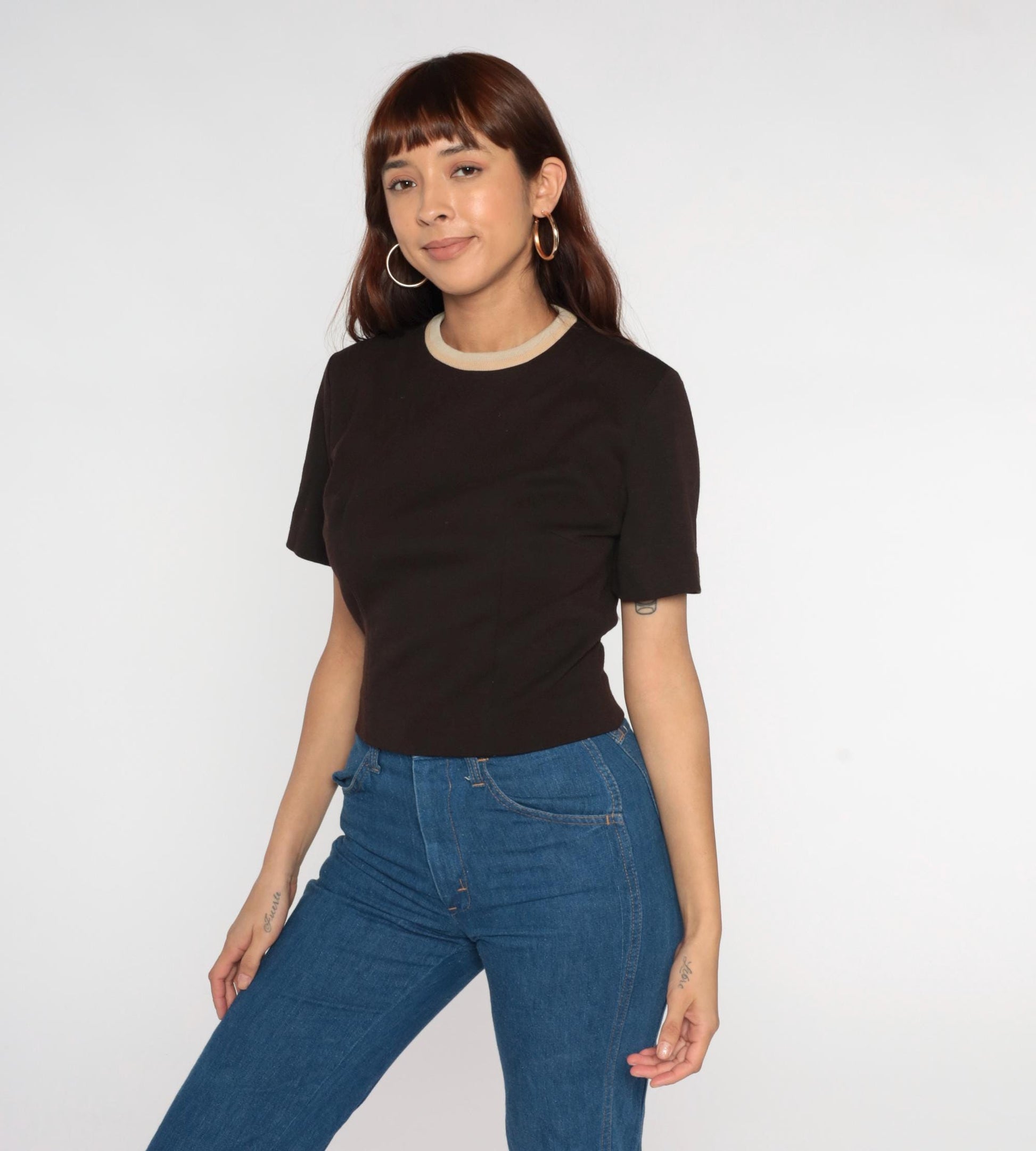 70s Cream Ringer Tee Brown Trim Cropped Fitted Short Sleeve Medium