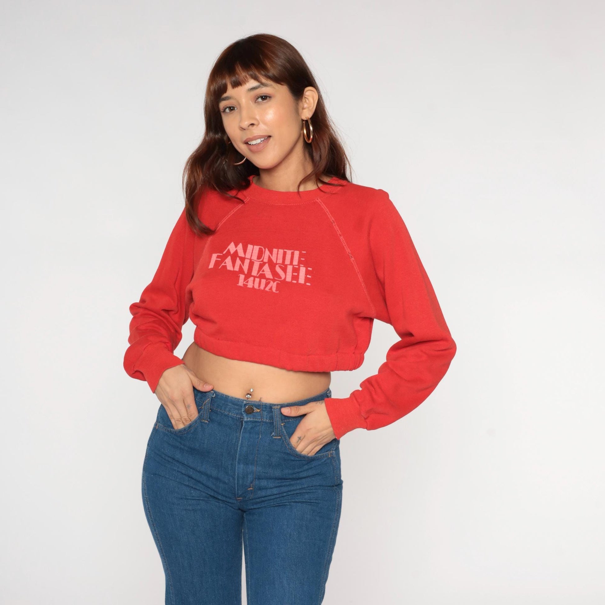 80s Red Cropped Sweatshirt Midnite Fantasee Graphic Raglan Small