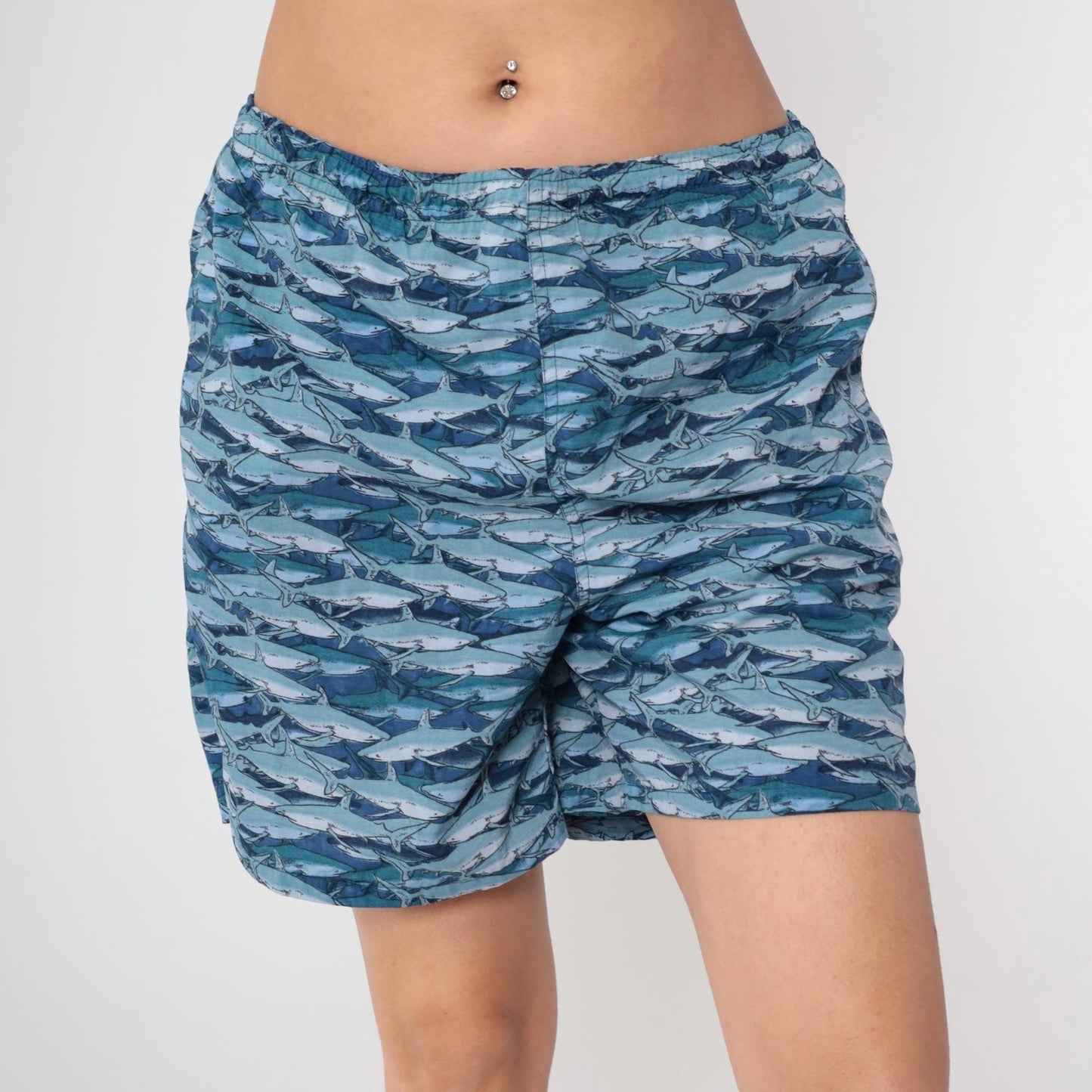 Y2K Shark Print Swim Trunks Ocean Blue Mesh Lined Board Shorts Medium M