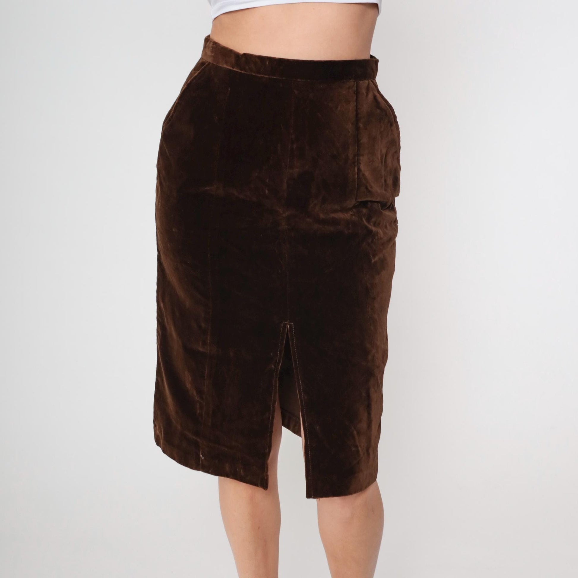70s Brown Velvet Mini Skirt High Waist A-Line Small